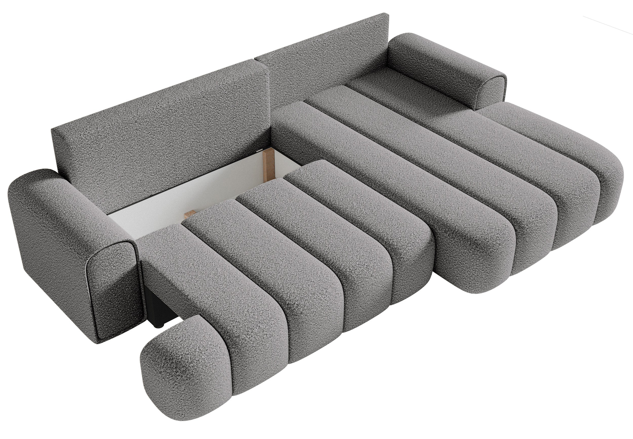 Ecksofa mit Schlaffunktion Dandelino, L-förmig, rechtsseitig, mit Stauraum, grauer Bouclé-Stoff