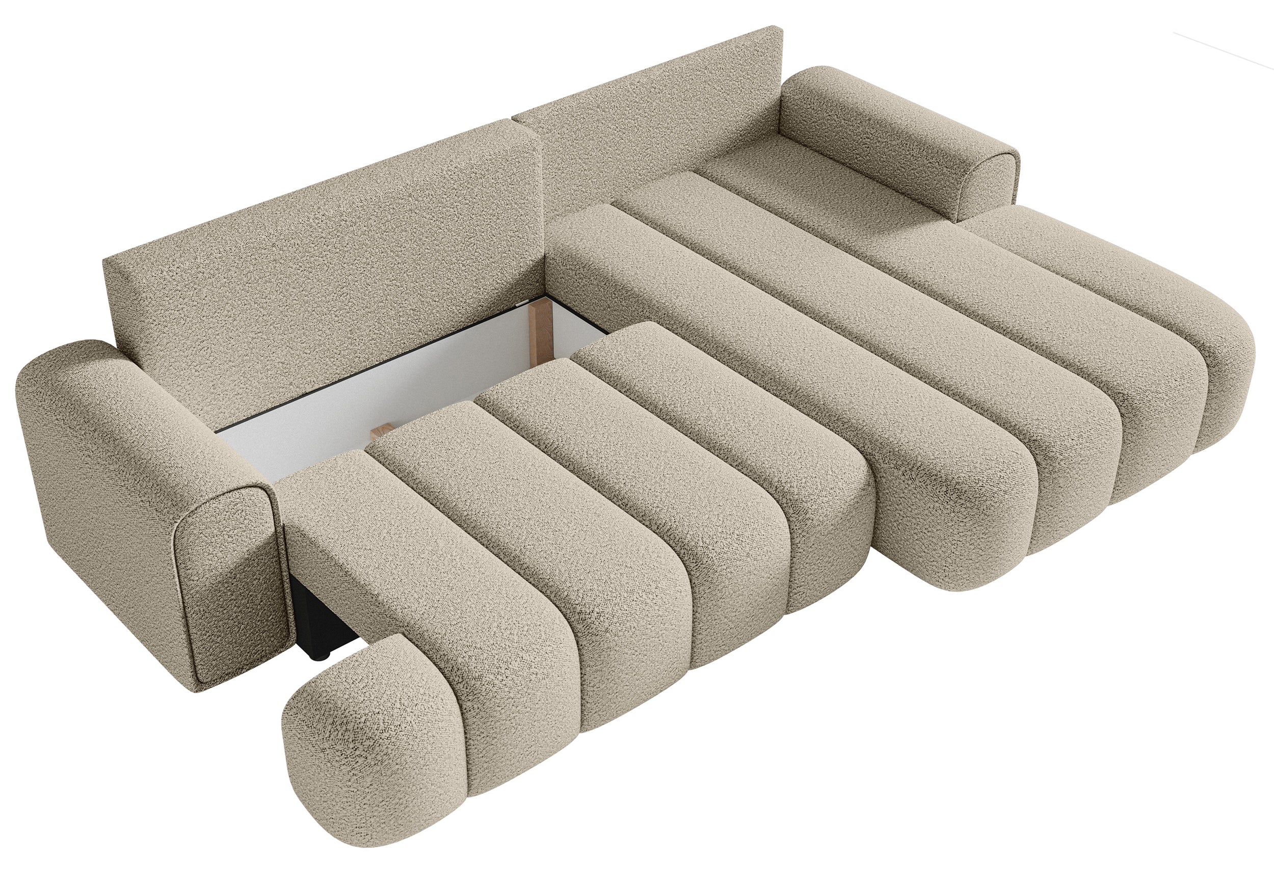 Ecksofa mit Schlaffunktion Dandelino, L-förmig, rechtsseitig, mit Stauraum, hellbeige Bouclé