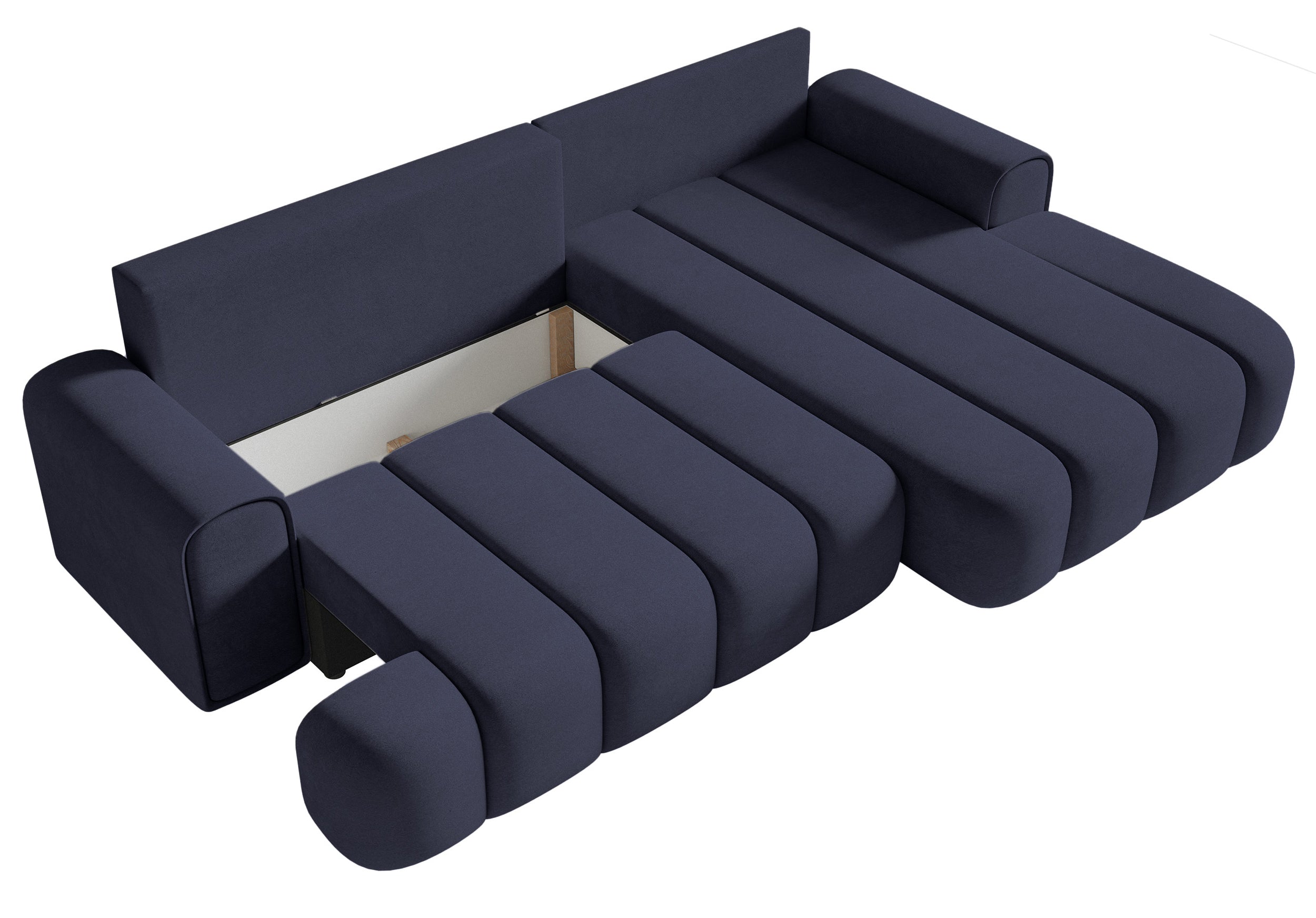 Ecksofa mit Schlaffunktion Dandelino, L-förmig, rechtsseitig, mit Stauraum, marineblauer Samt