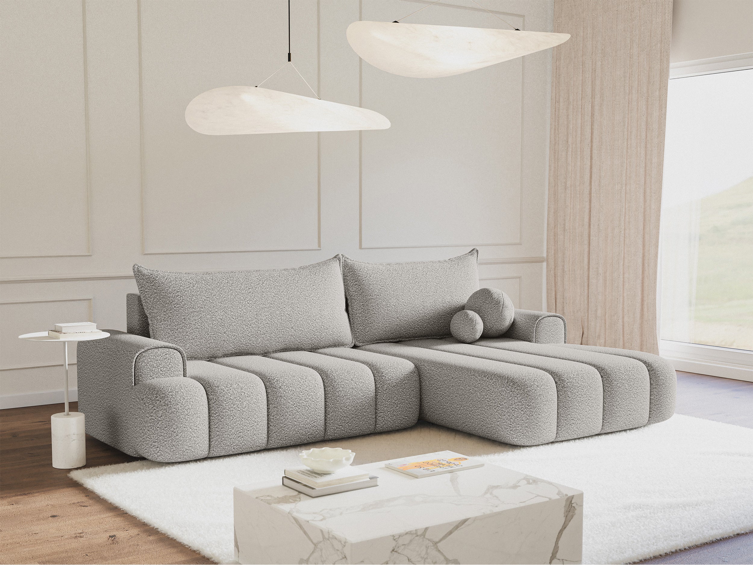 Ecksofa mit Schlaffunktion Dandelino, L-förmig, rechtsseitig mit Stauraum, hellgrauer Bouclé-Stoff