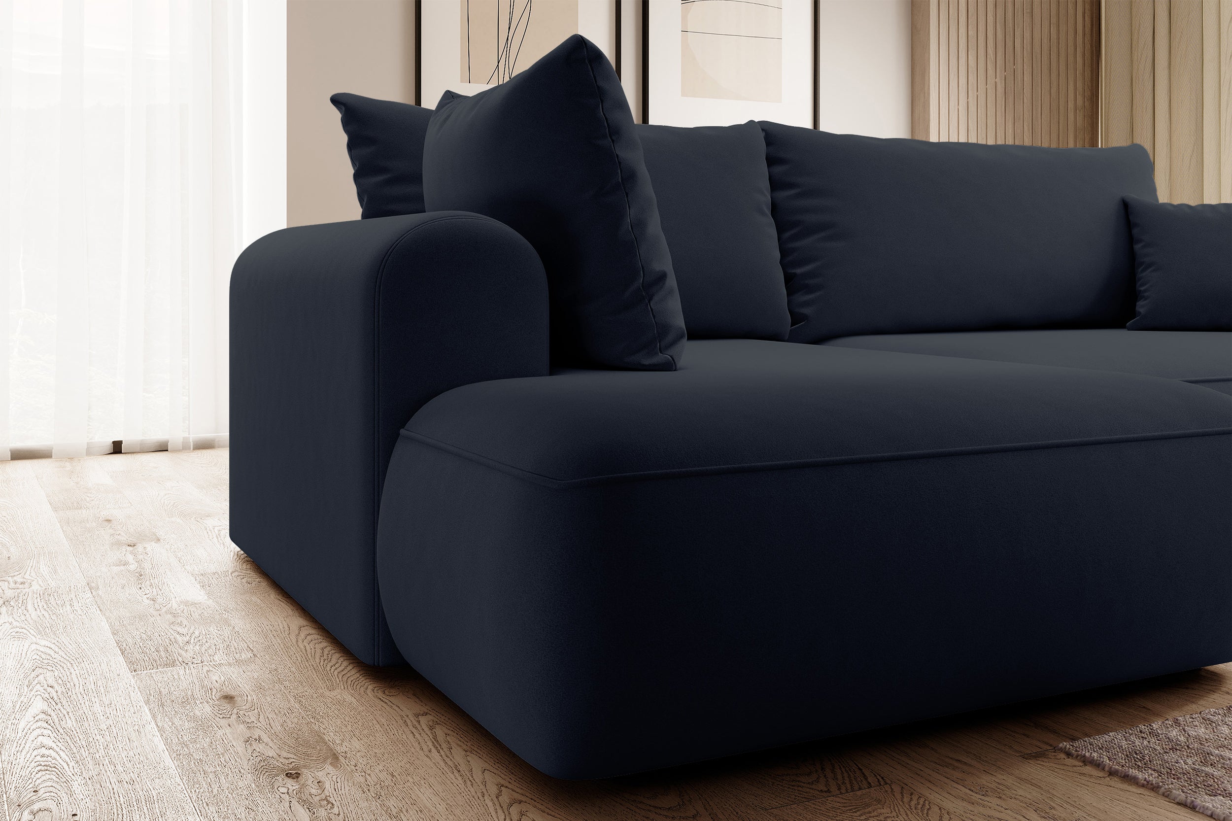 Ecksofa mit Schlaffunktion Ovo, L-förmig, mit Armlehne und Stauraum, marineblauer, leicht zu reinigender Samt, linksseitig
