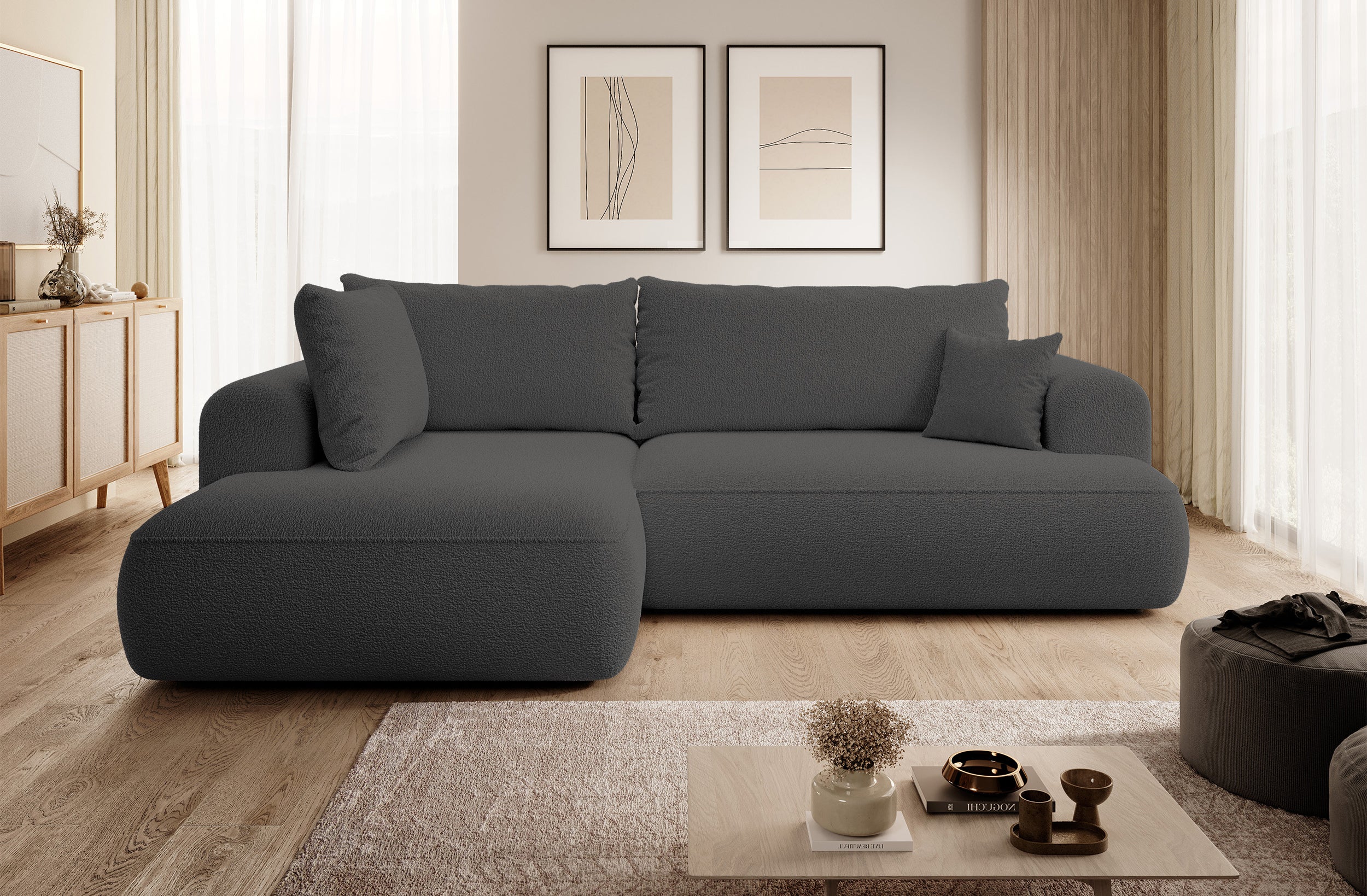 Ecksofa mit Schlaffunktion Ovo, L-förmig, mit Armlehne und Stauraum, dunkelgrauer Bouclé, linksseitig