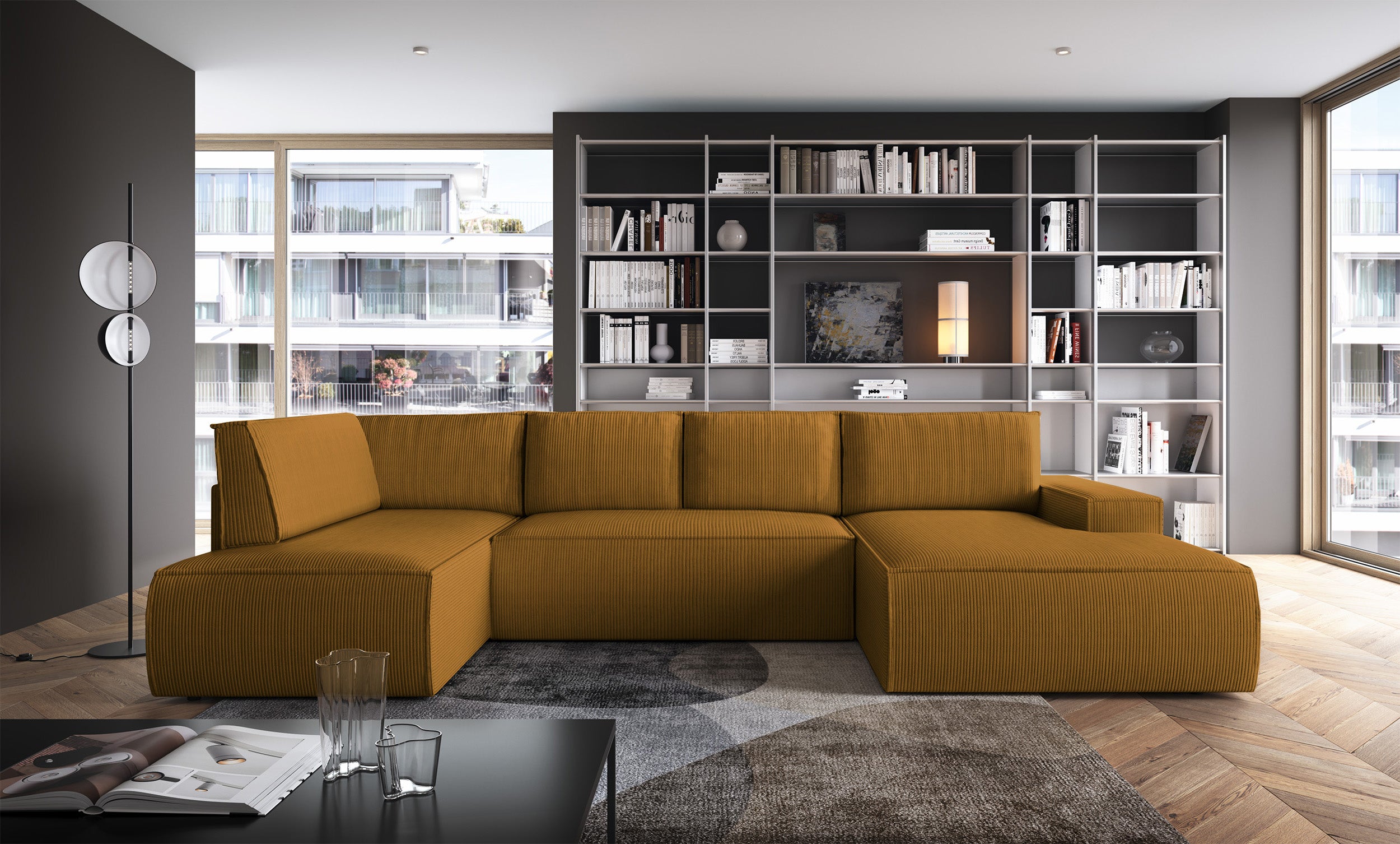 Ecksofa mit Schlaffunktion Farese New U-förmig mit Stauraum, rechtsseitig, senfgelber Cord