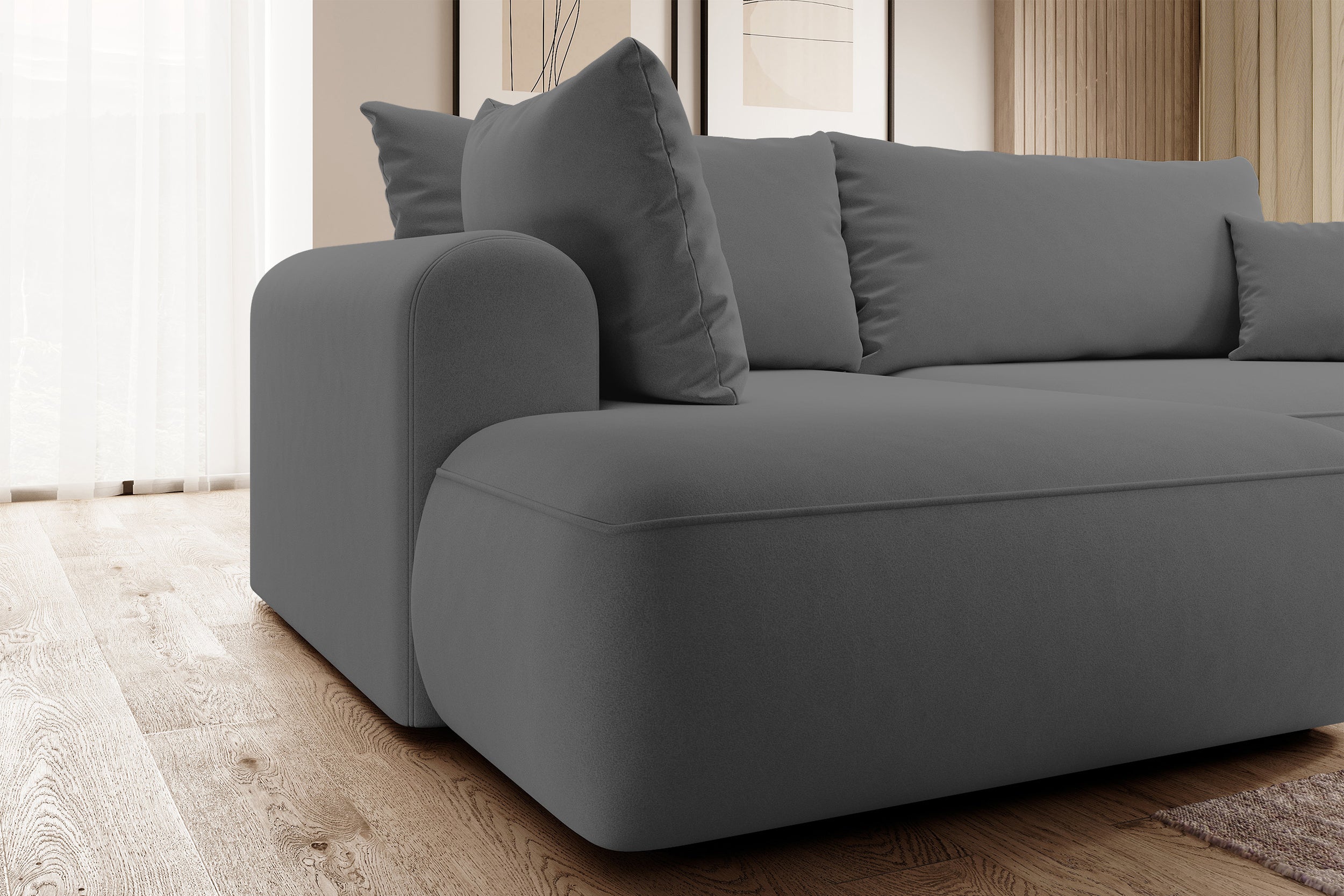 Ecksofa mit Schlaf-Funktion Ovo, L-förmig, mit Armlehne und Stauraum, dunkelgrauer, pflegeleichter Samt, linksseitig