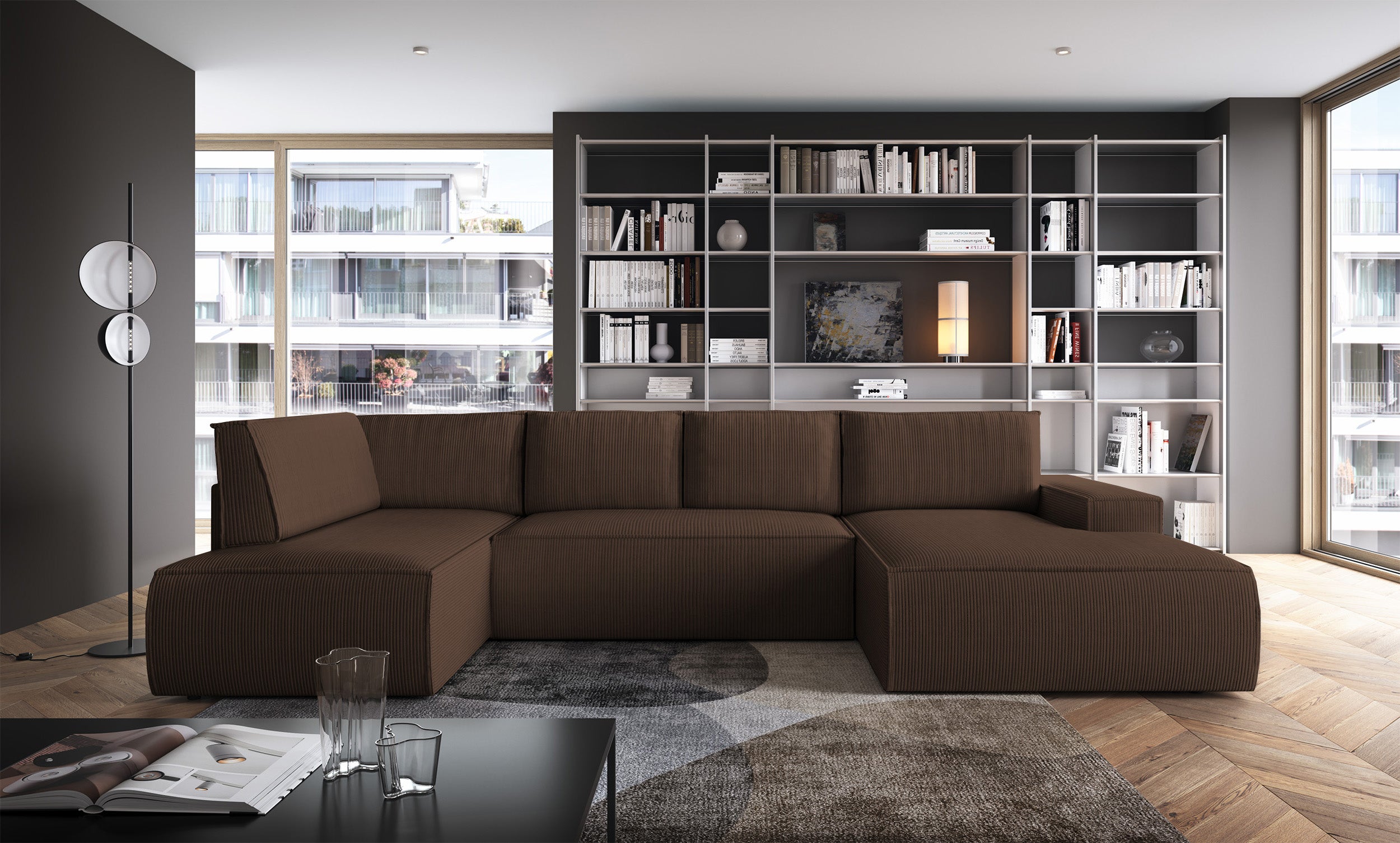 Ecksofa mit Schlaffunktion Farese New U-förmig mit Stauraum, rechtsseitig, brauner Cordstoff