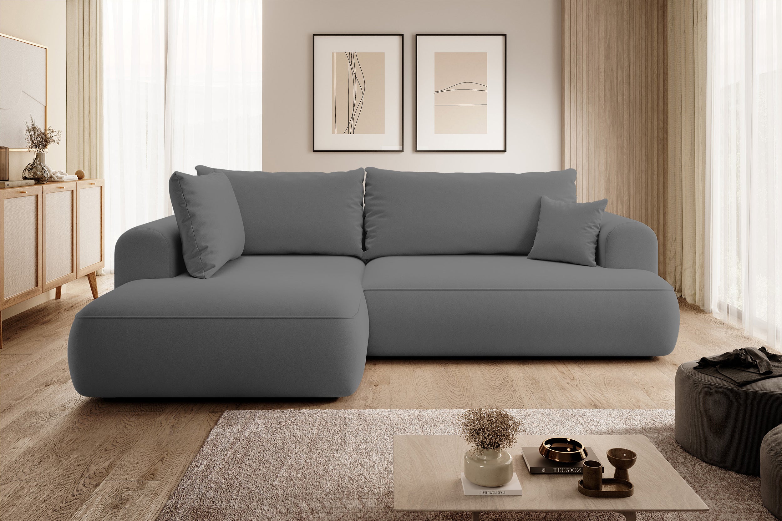 Ecksofa mit Schlaf-Funktion Ovo, L-förmig, mit Armlehne und Stauraum, dunkelgrauer, pflegeleichter Samt, linksseitig