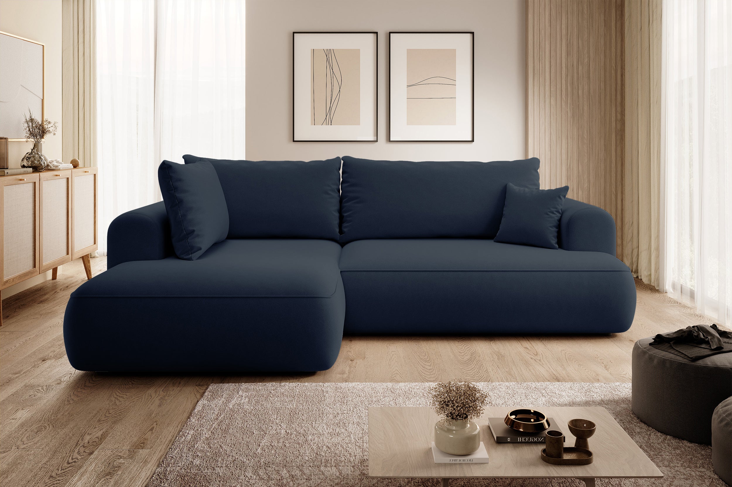 Ecksofa mit Schlaffunktion Ovo, L-förmig, mit Armlehne und Stauraum, marineblauer, leicht zu reinigender Samt, linksseitig