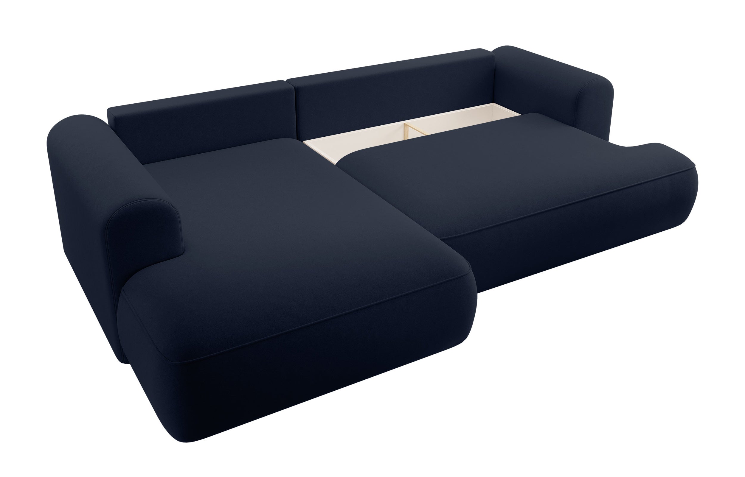 Ecksofa mit Schlaffunktion Ovo, L-förmig, mit Armlehne und Stauraum, marineblauer, leicht zu reinigender Samt, linksseitig