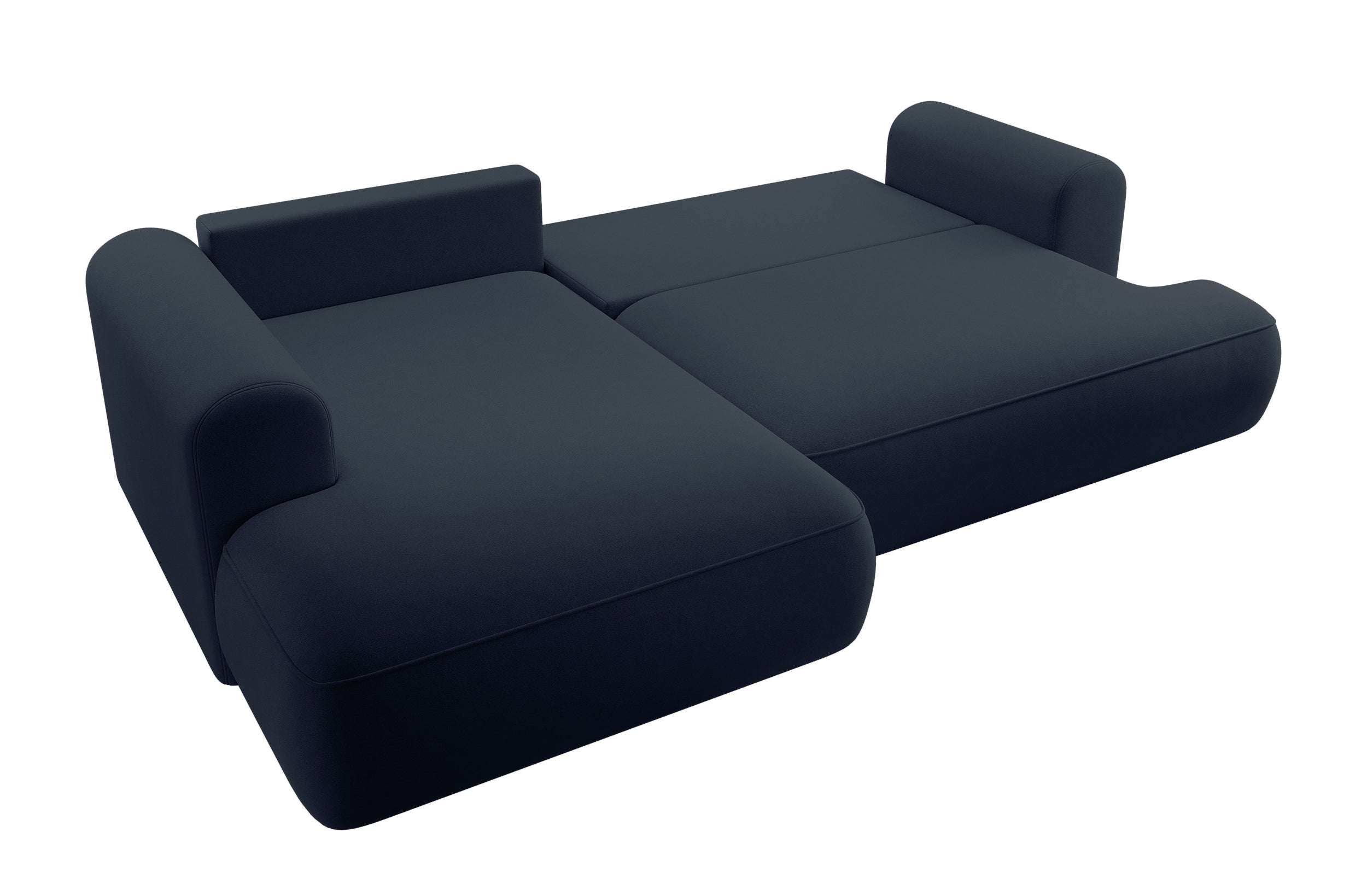 Ecksofa mit Schlaffunktion Ovo, L-förmig, mit Armlehne und Stauraum, marineblauer, leicht zu reinigender Samt, linksseitig