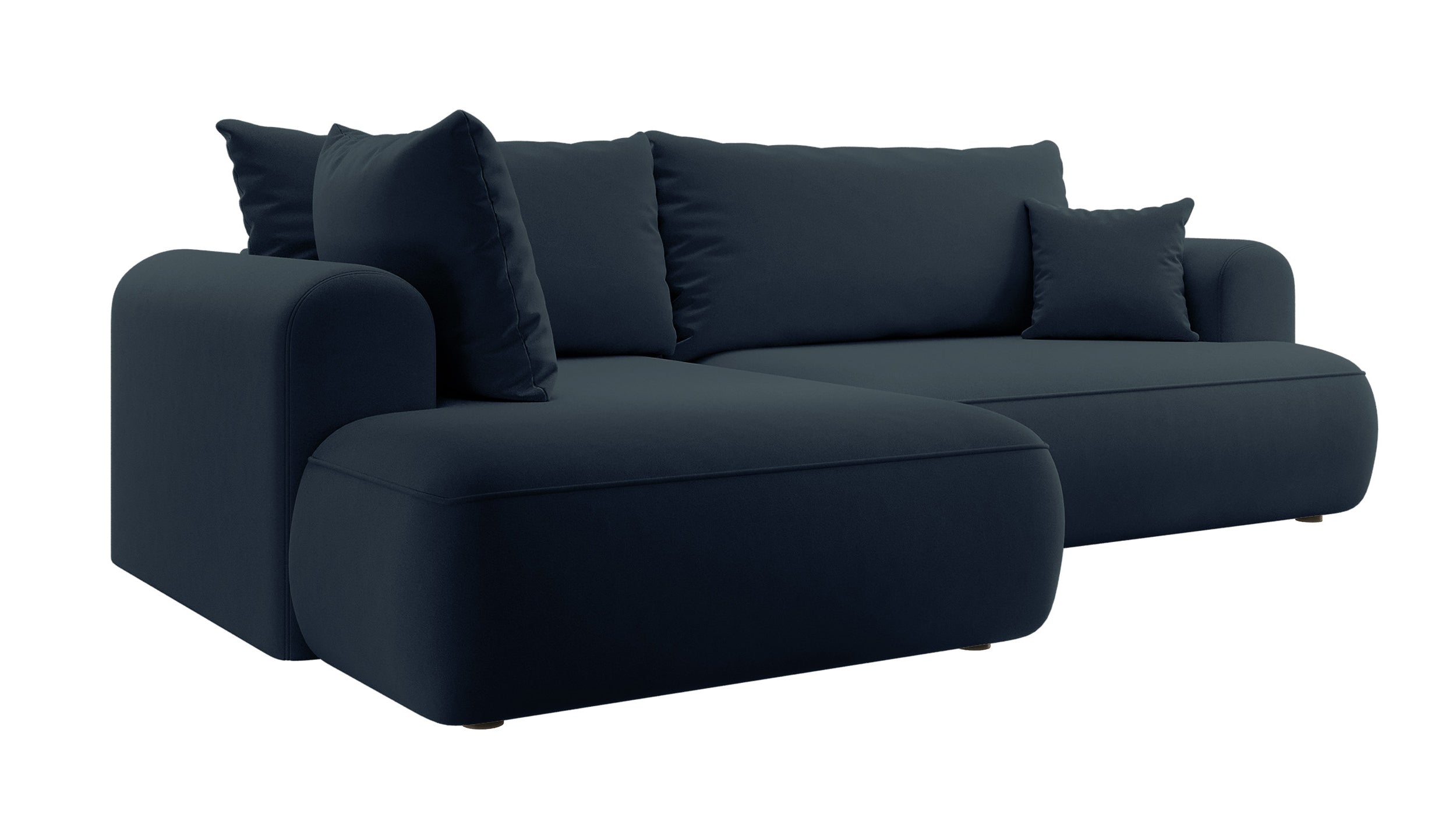 Ecksofa mit Schlaffunktion Ovo, L-förmig, mit Armlehne und Stauraum, marineblauer, leicht zu reinigender Samt, linksseitig