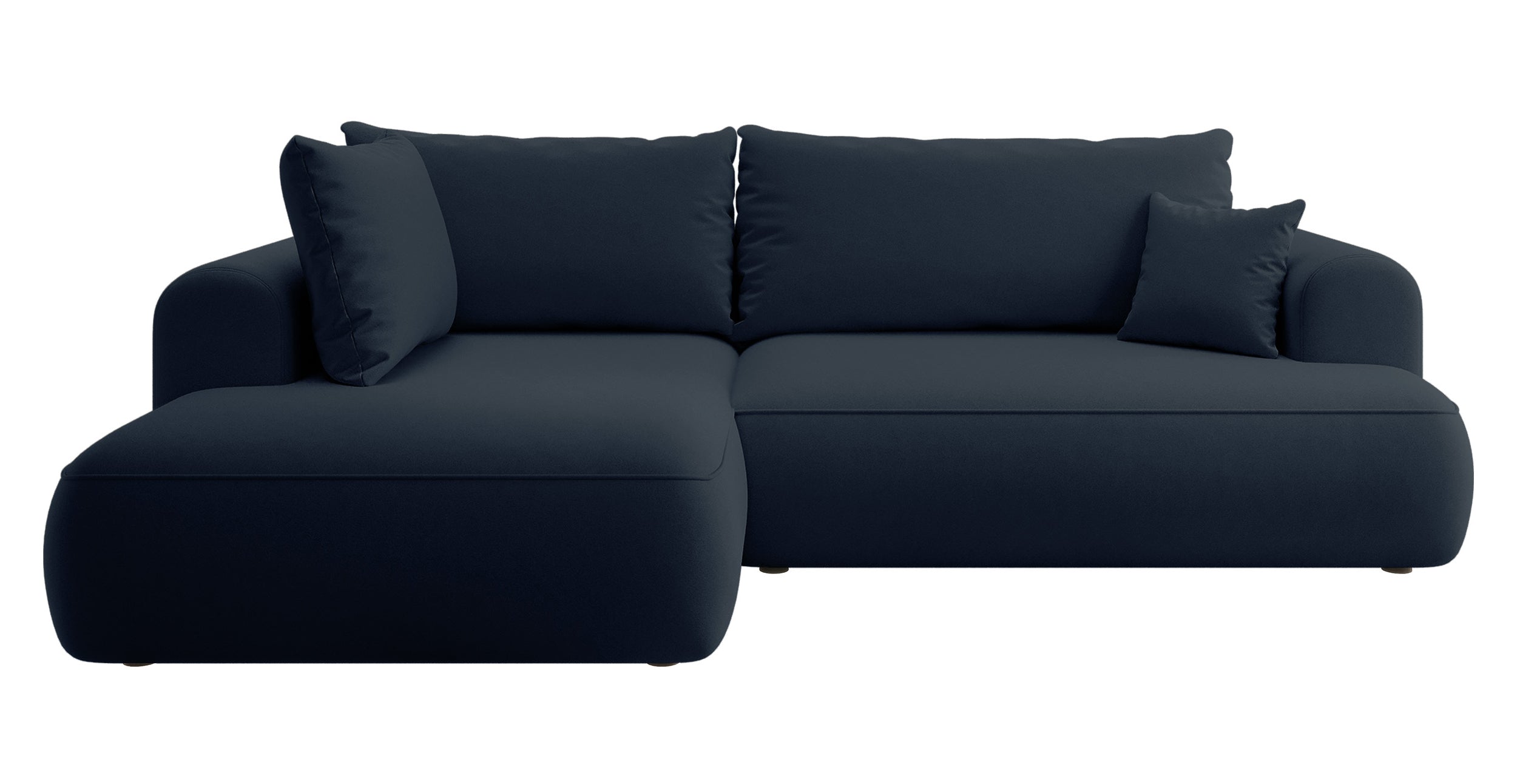 Ecksofa mit Schlaffunktion Ovo, L-förmig, mit Armlehne und Stauraum, marineblauer, leicht zu reinigender Samt, linksseitig