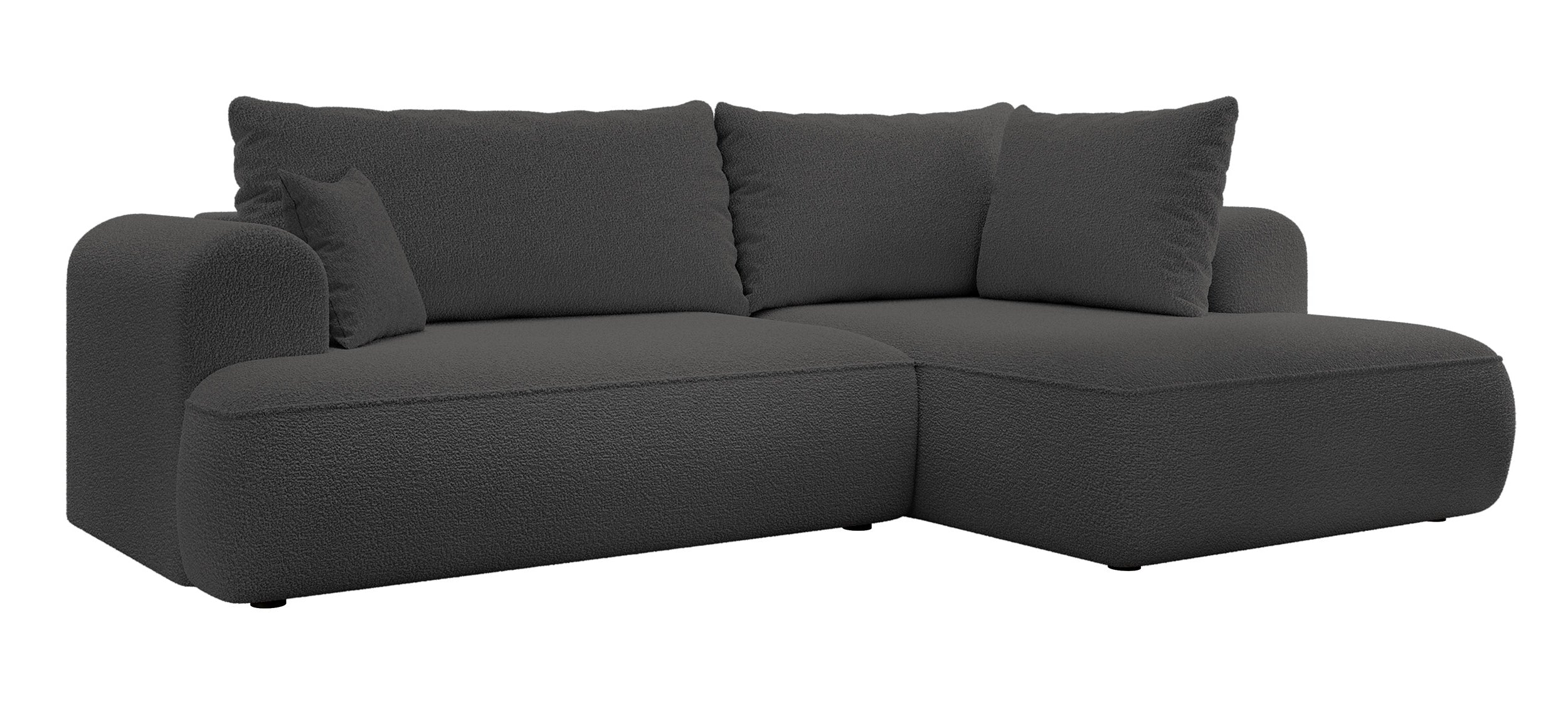 Ecksofa mit Schlaffunktion Ovo, L-förmig, mit Armlehne und Stauraum, dunkelgrauer Bouclé, rechtsseitig