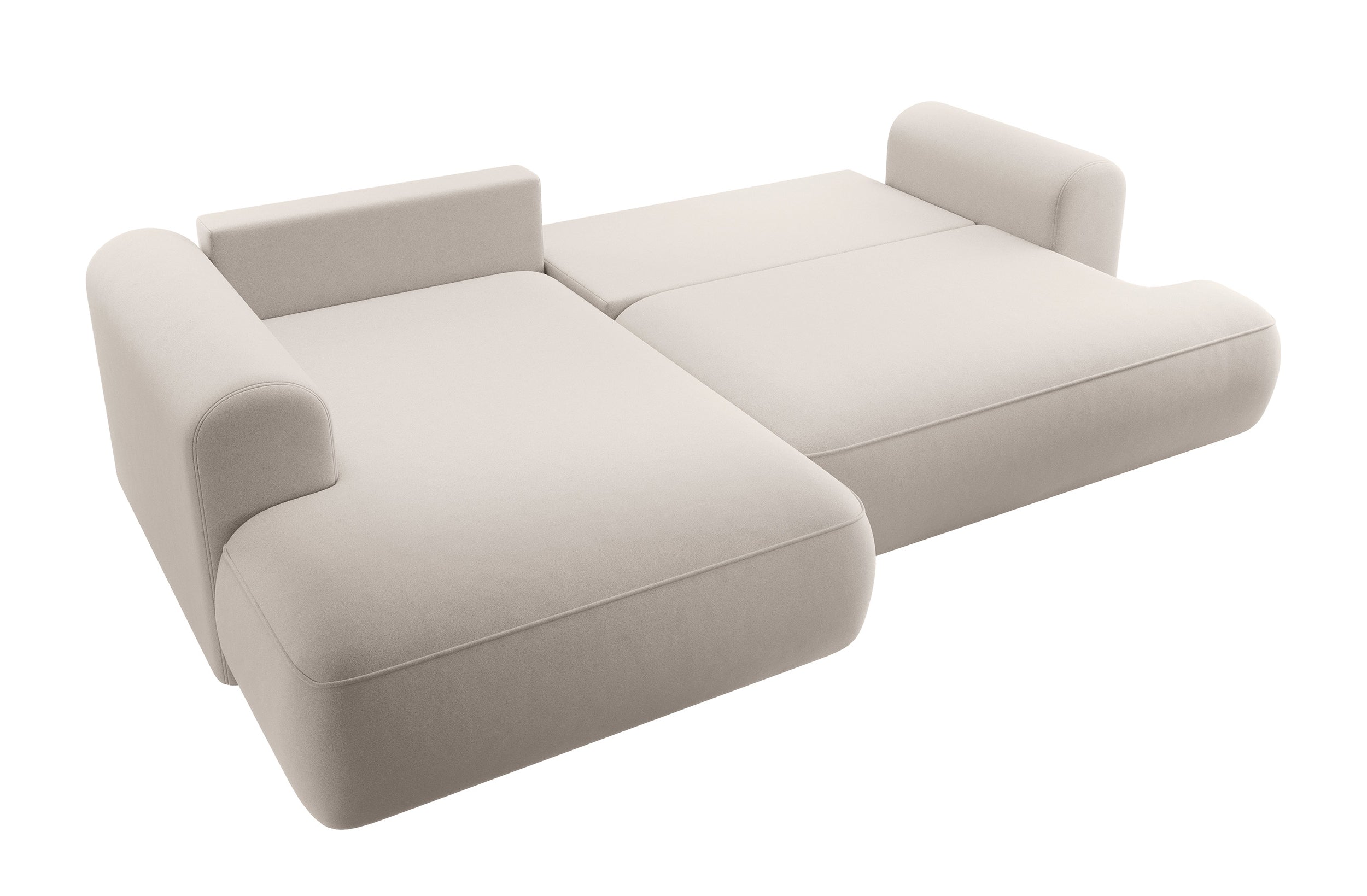 Ecksofa mit Schlaffunktion Ovo, L-förmig, mit Armlehne und Stauraum, cremefarbener, leicht zu reinigender Samt, linksseitig