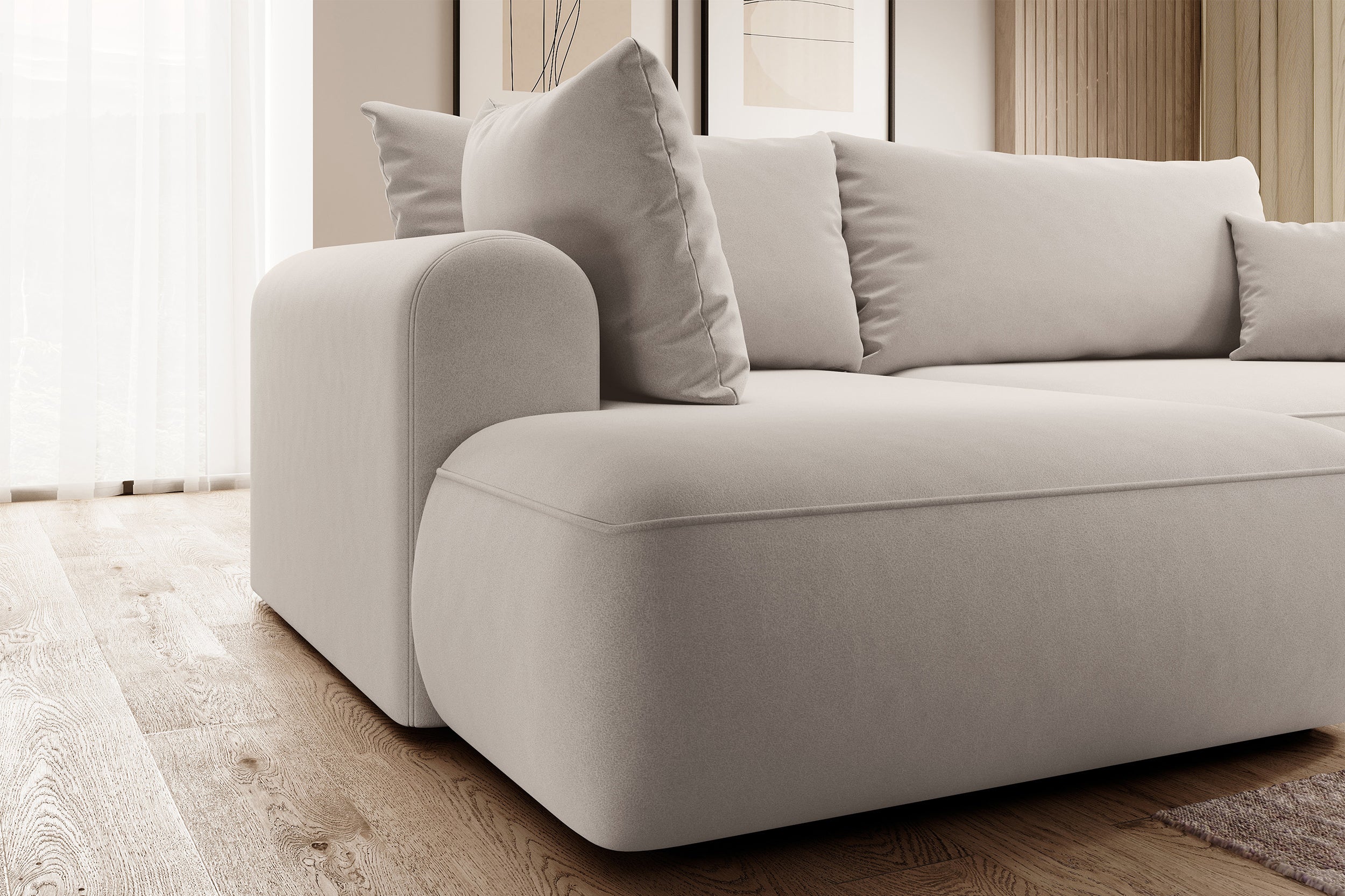 Ecksofa mit Schlaffunktion Ovo, L-förmig, mit Armlehne und Stauraum, cremefarbener, leicht zu reinigender Samt, linksseitig