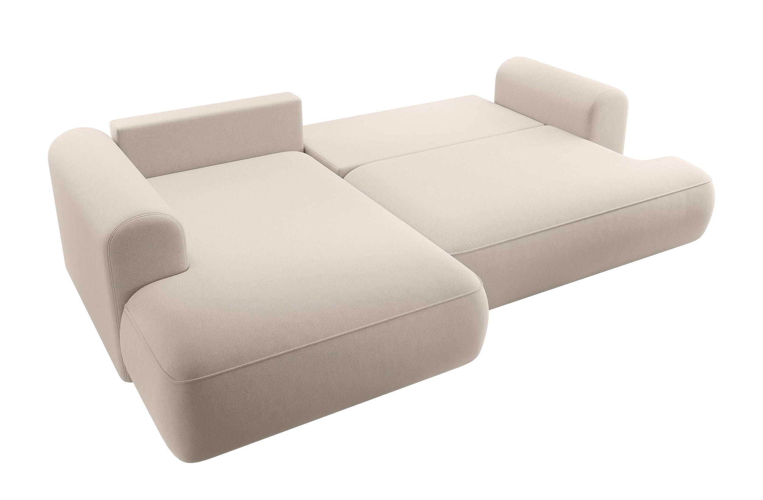 Ecksofa mit Schlaffunktion Ovo, L-förmig, mit Armlehne und Stauraum, hellbeiger, pflegeleichter Velours, linksseitig