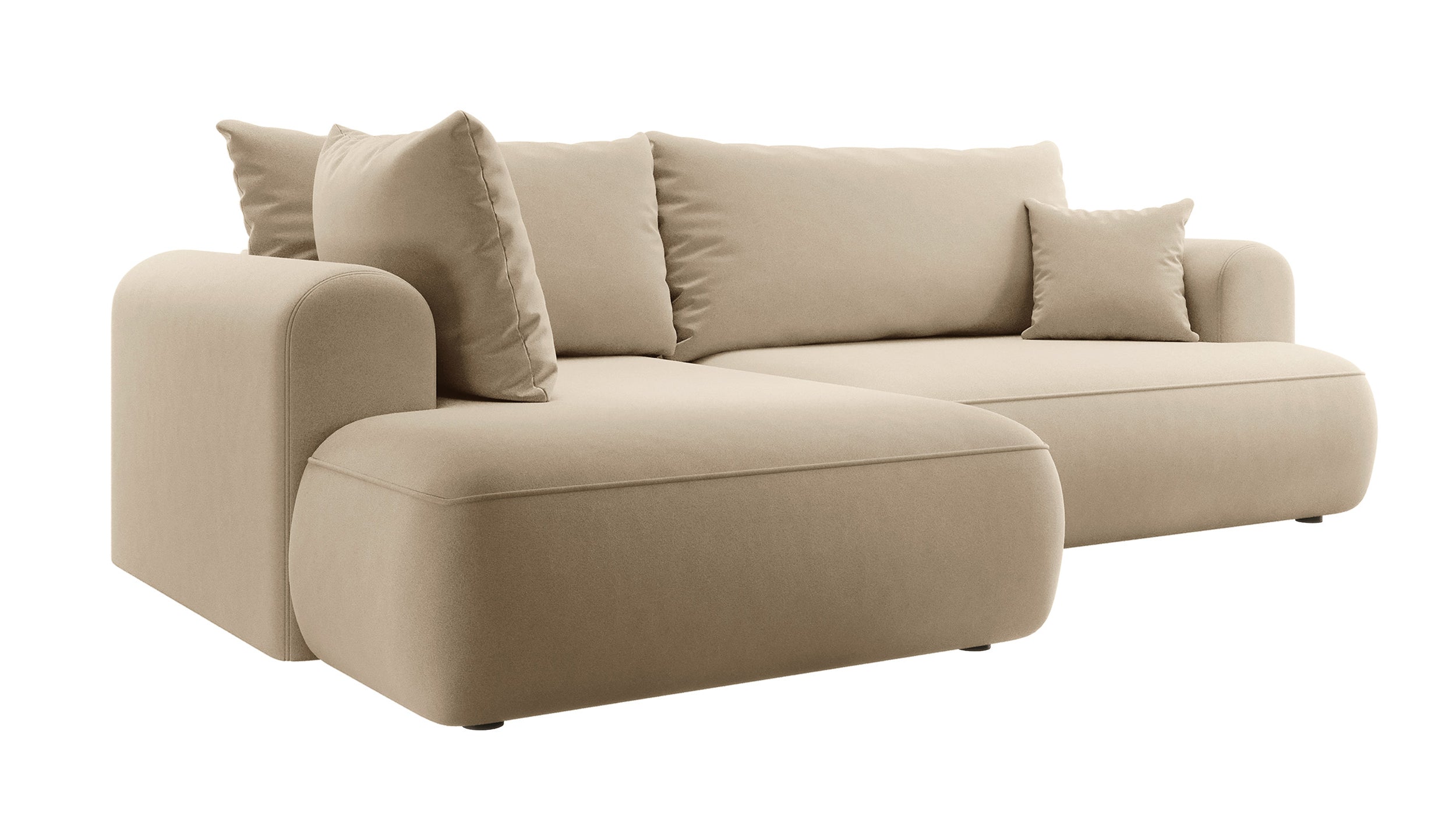 Ecksofa mit Schlaffunktion Ovo, L-förmig, mit Armlehne und Stauraum, beiger, pflegeleichter Samt, linksseitig