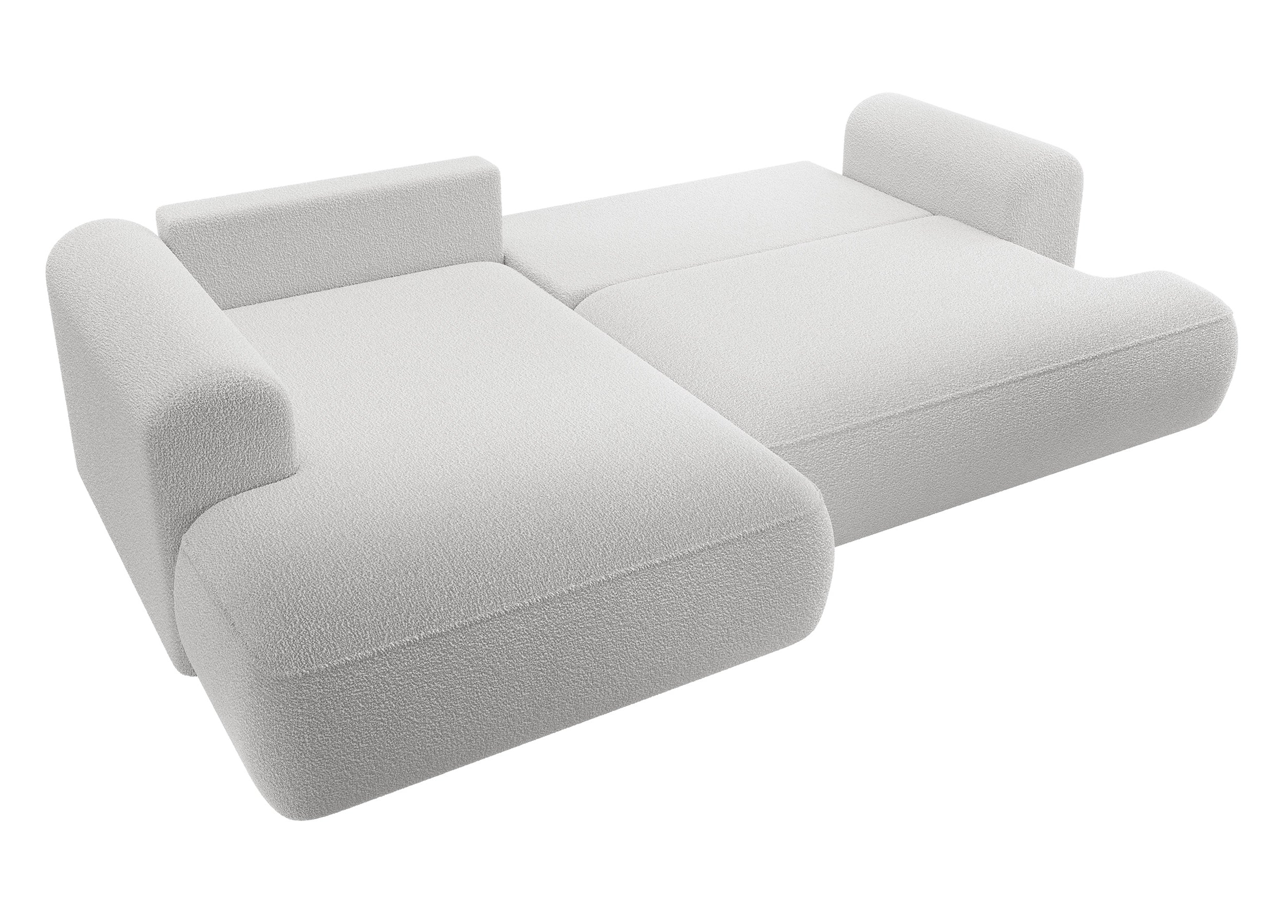 Ecksofa mit Schlaffunktion Ovo, L-förmig, mit Armlehne und Stauraum, grauer Bouclé, linksseitig