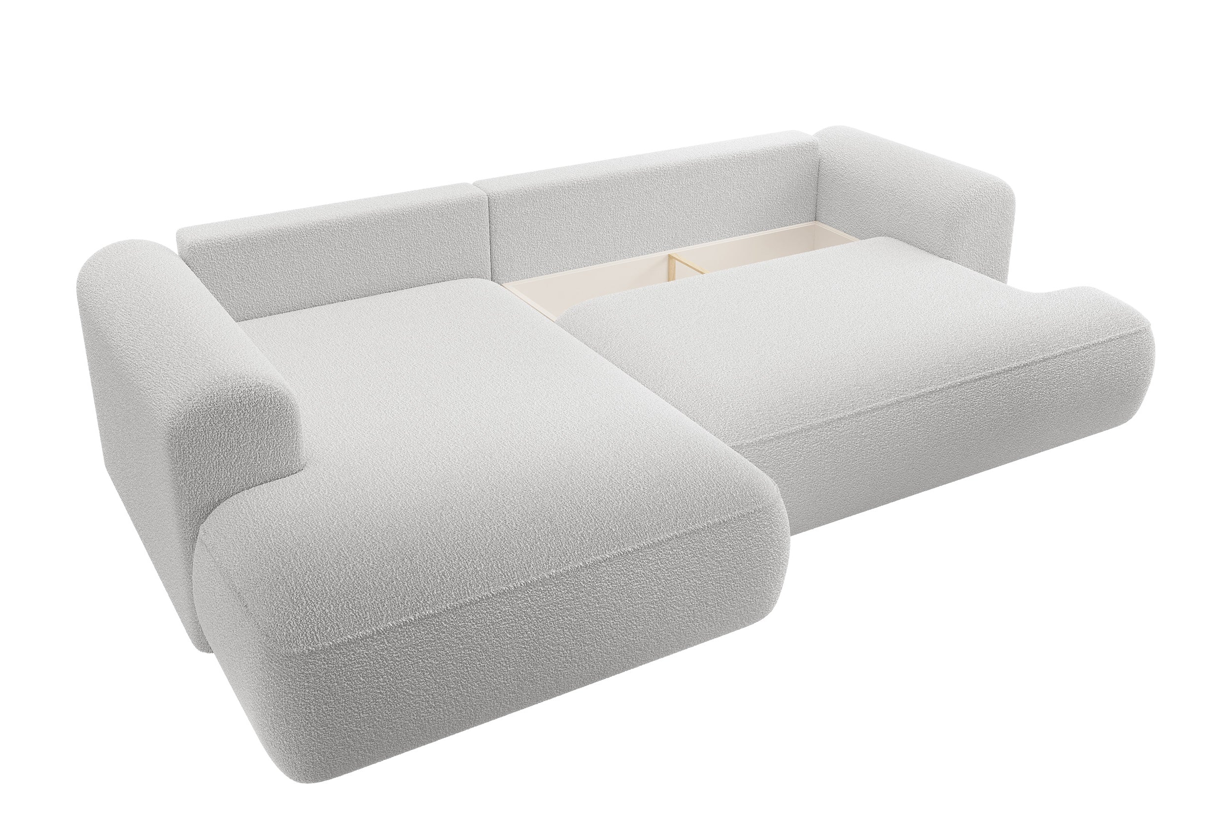 Ecksofa mit Schlaffunktion Ovo, L-förmig, mit Armlehne und Stauraum, grauer Bouclé, linksseitig