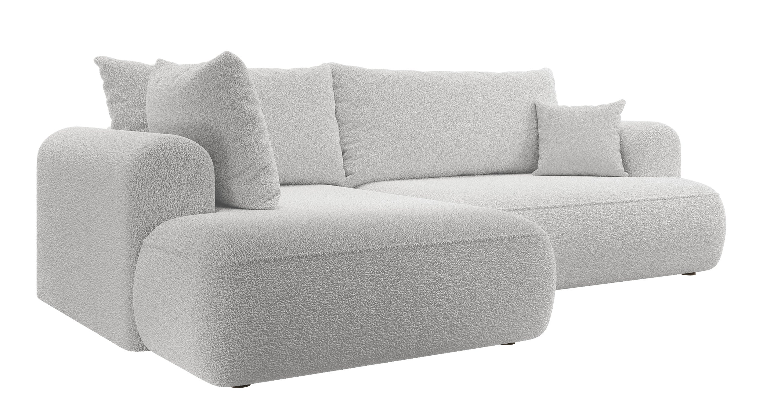 Ecksofa mit Schlaffunktion Ovo, L-förmig, mit Armlehne und Stauraum, grauer Bouclé, linksseitig