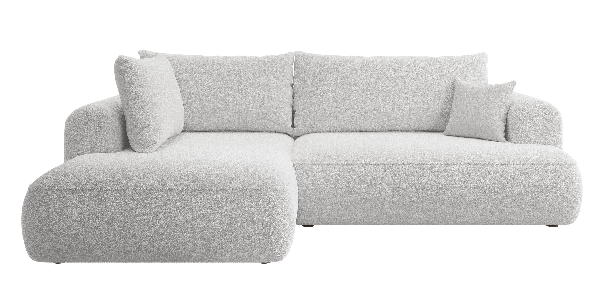 Ecksofa mit Schlaffunktion Ovo, L-förmig, mit Armlehne und Stauraum, grauer Bouclé, linksseitig