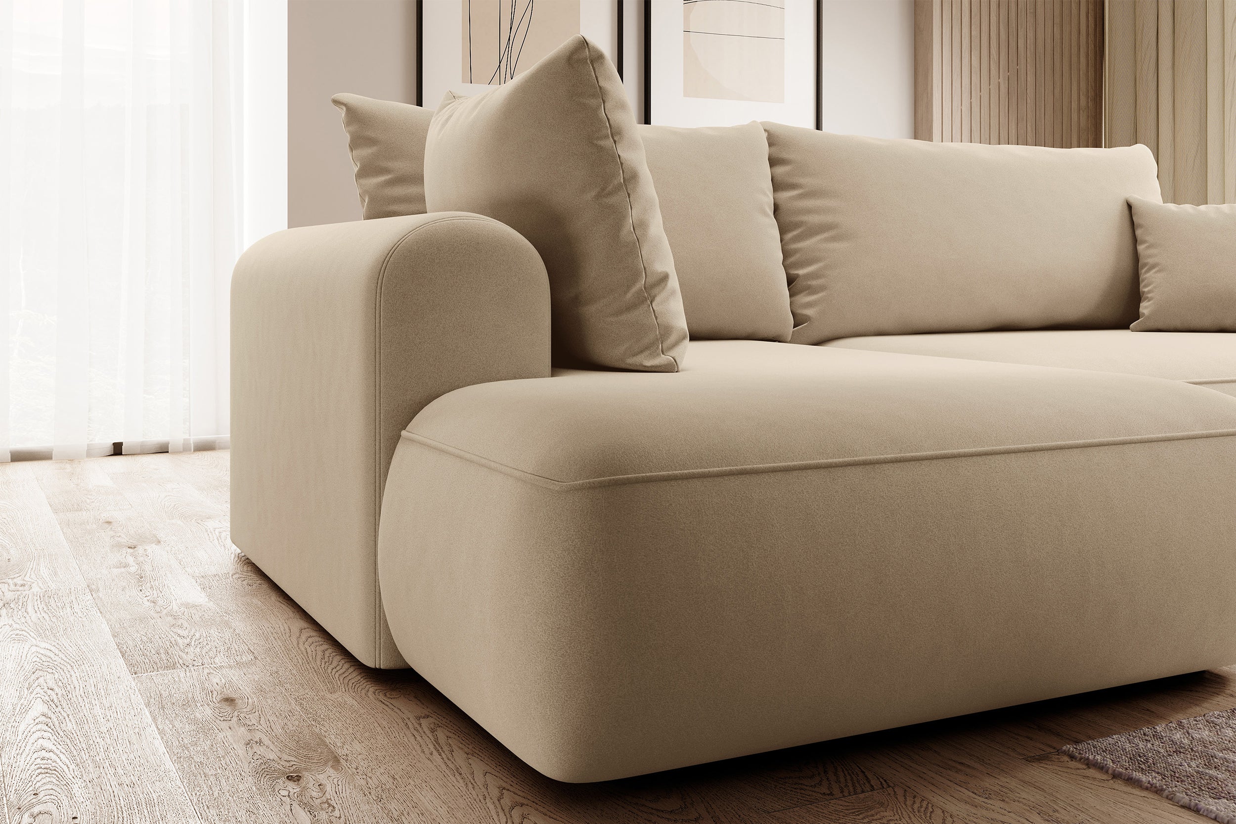 Ecksofa mit Schlaffunktion Ovo, L-förmig, mit Armlehne und Stauraum, beiger, pflegeleichter Samt, linksseitig