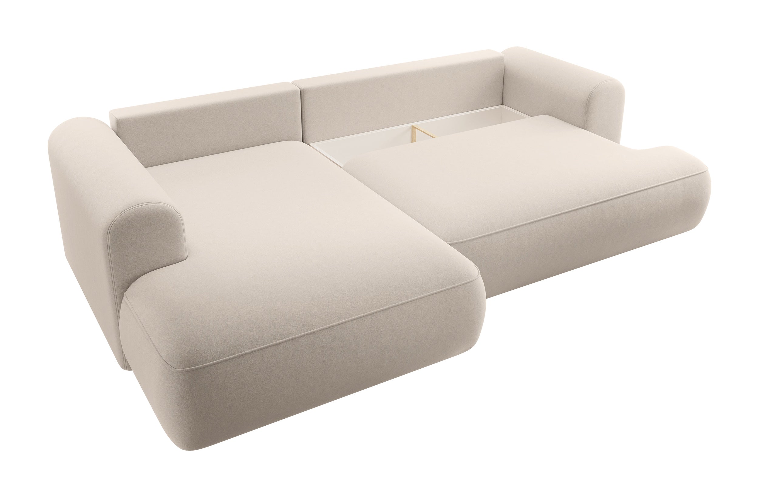 Ecksofa mit Schlaffunktion Ovo, L-förmig, mit Armlehne und Stauraum, hellbeiger, pflegeleichter Velours, linksseitig
