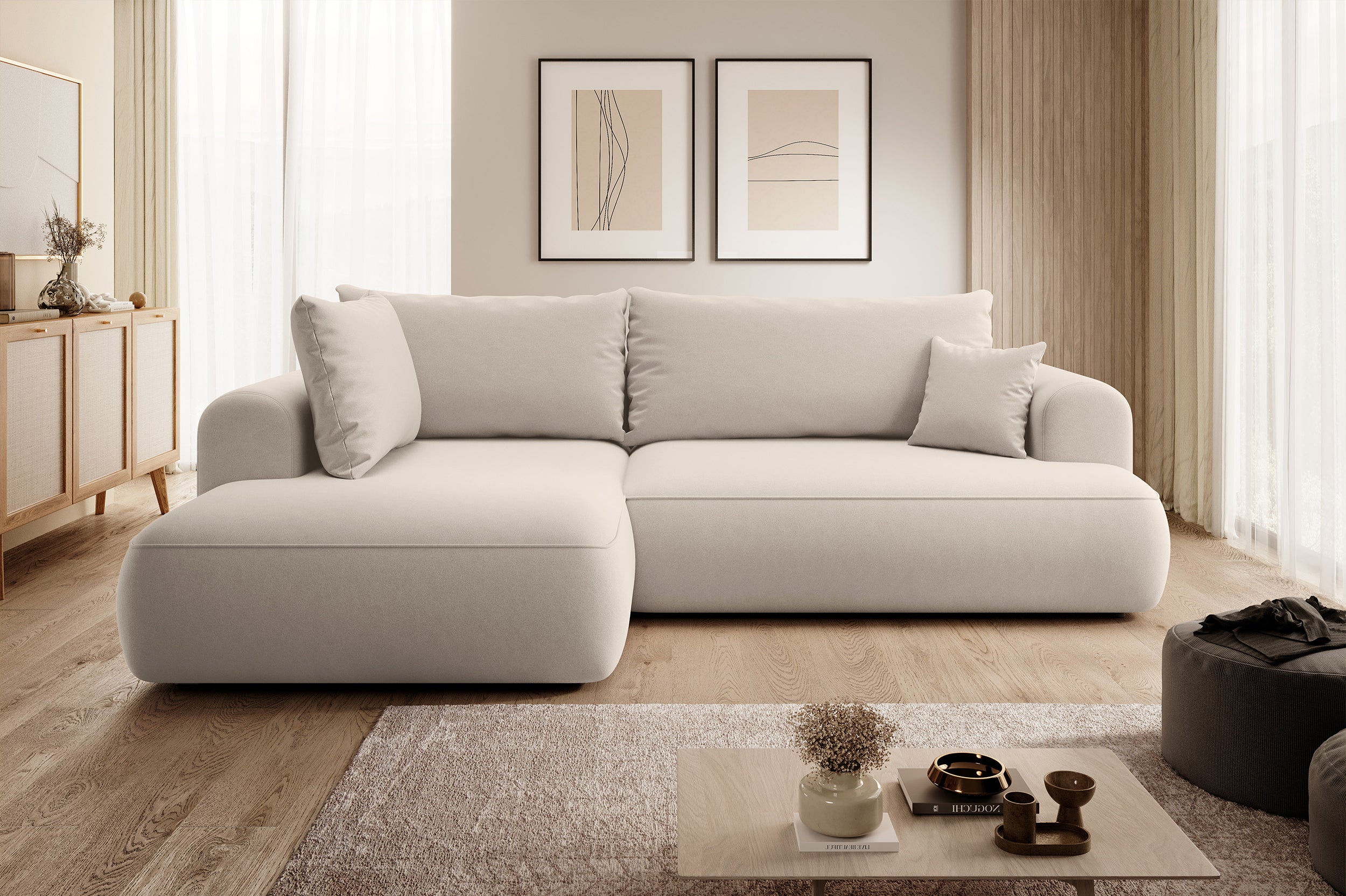 Ecksofa mit Schlaffunktion Ovo, L-förmig, mit Armlehne und Stauraum, hellbeiger, pflegeleichter Velours, linksseitig