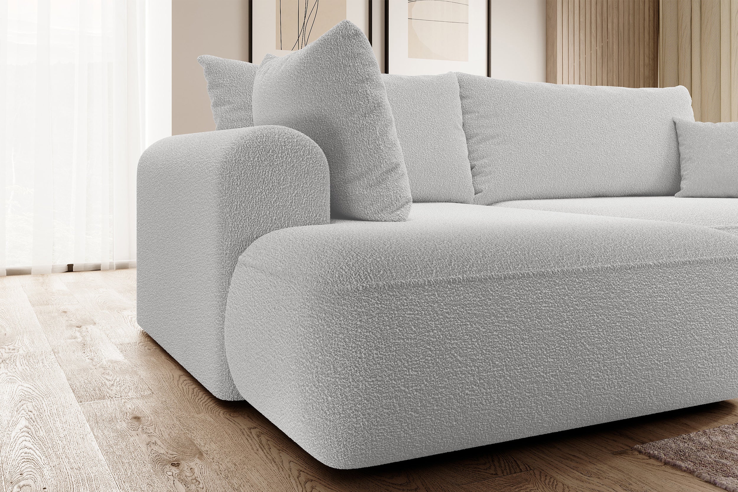 Ecksofa mit Schlaffunktion Ovo, L-förmig, mit Armlehne und Stauraum, grauer Bouclé, linksseitig