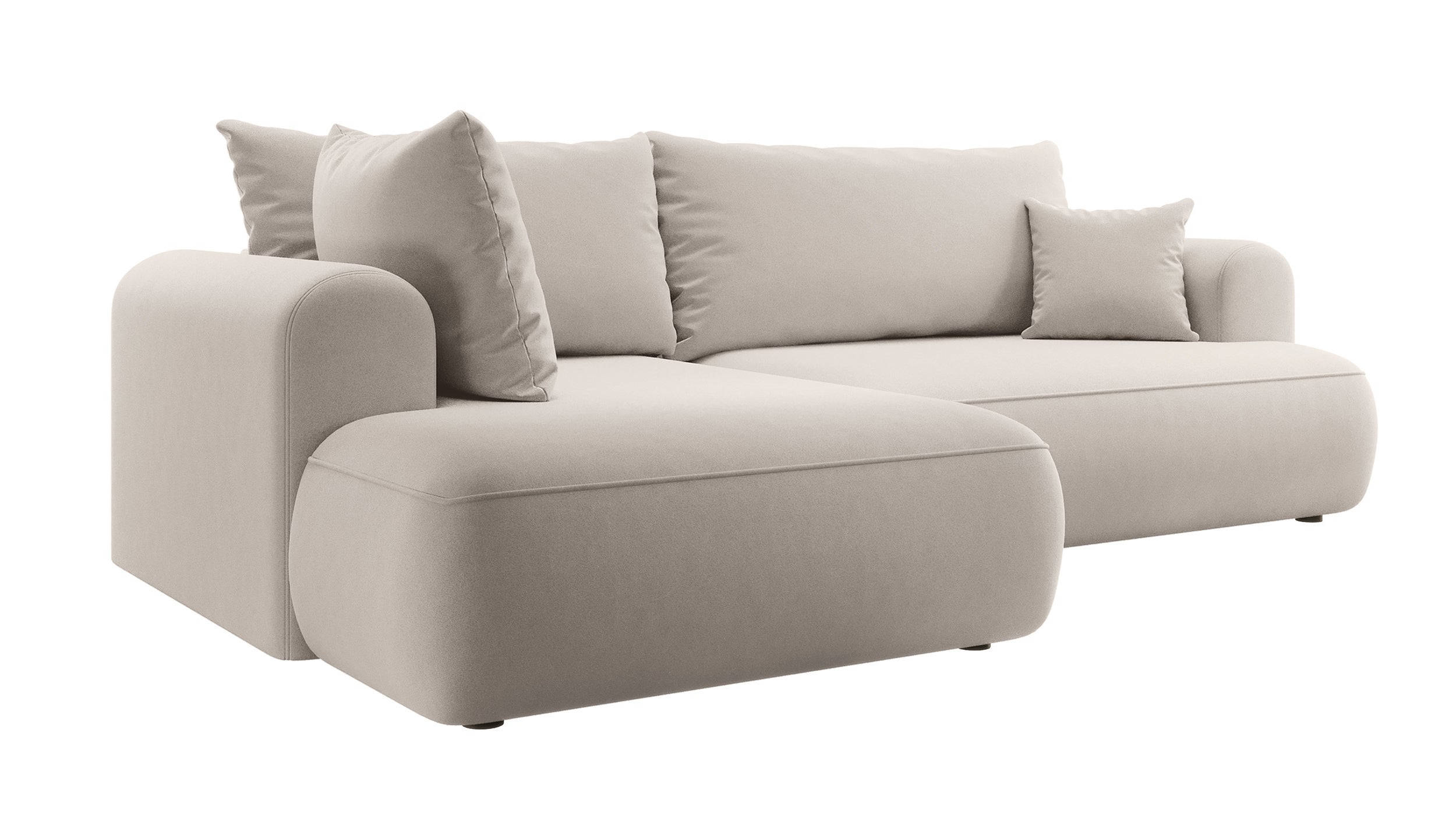 Ecksofa mit Schlaffunktion Ovo, L-förmig, mit Armlehne und Stauraum, cremefarbener, leicht zu reinigender Samt, linksseitig