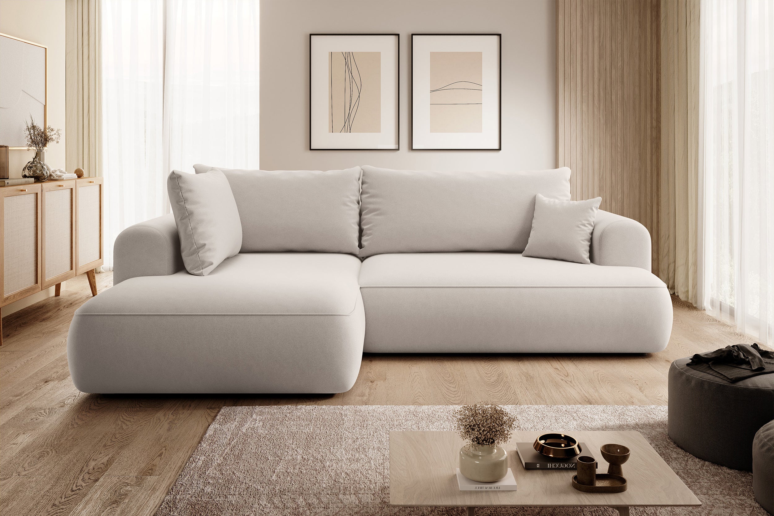 Ecksofa mit Schlaffunktion Ovo, L-förmig, mit Armlehne und Stauraum, cremefarbener, leicht zu reinigender Samt, linksseitig