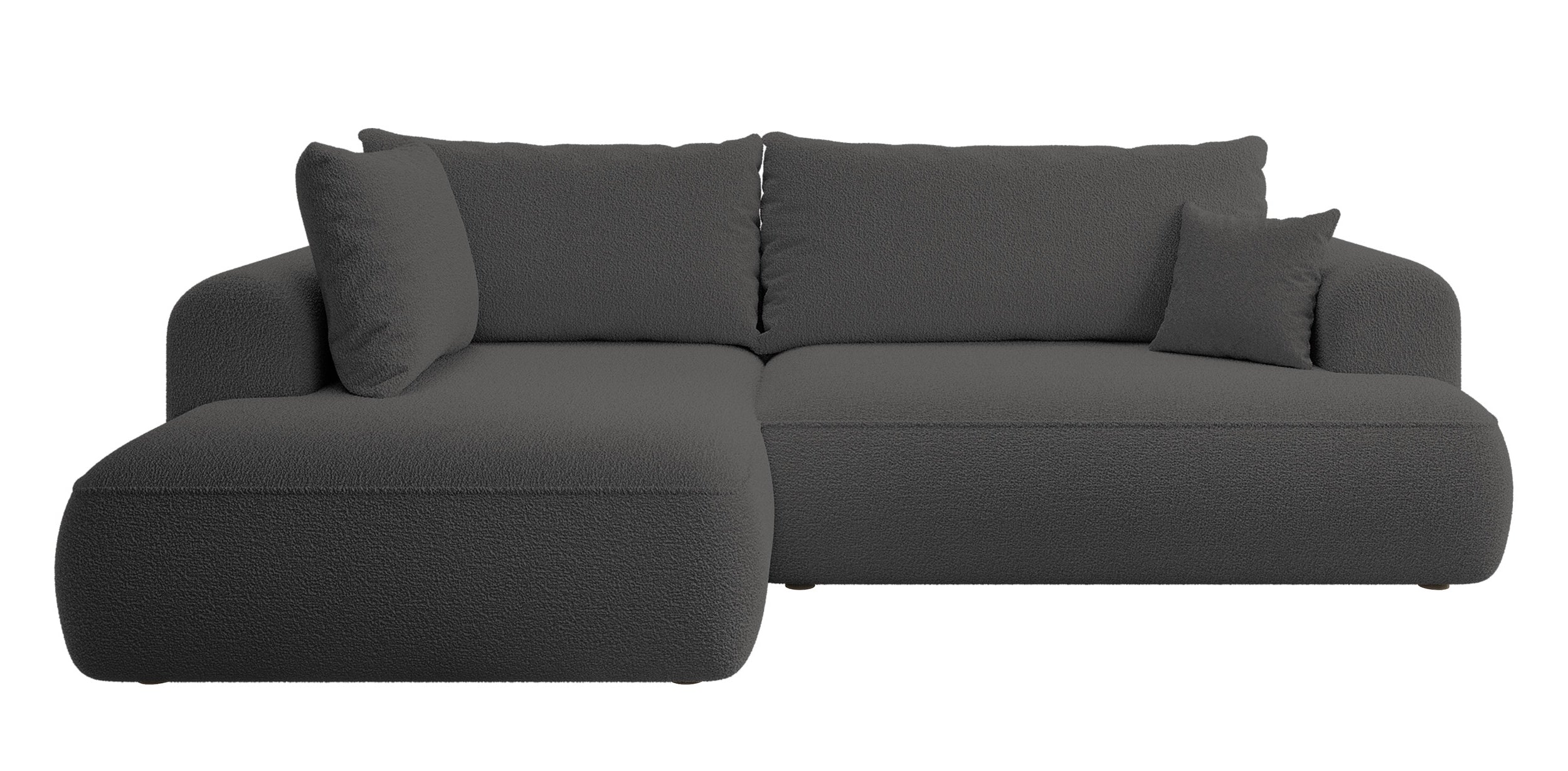 Ecksofa mit Schlaffunktion Ovo, L-förmig, mit Armlehne und Stauraum, dunkelgrauer Bouclé, linksseitig