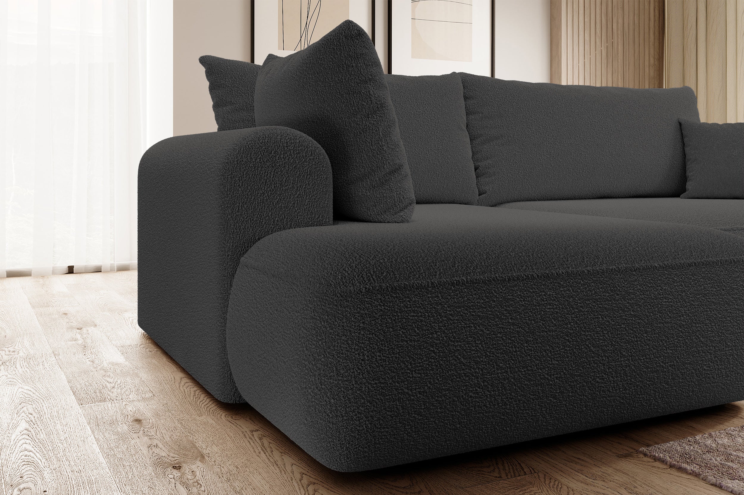 Ecksofa mit Schlaffunktion Ovo, L-förmig, mit Armlehne und Stauraum, dunkelgrauer Bouclé, linksseitig
