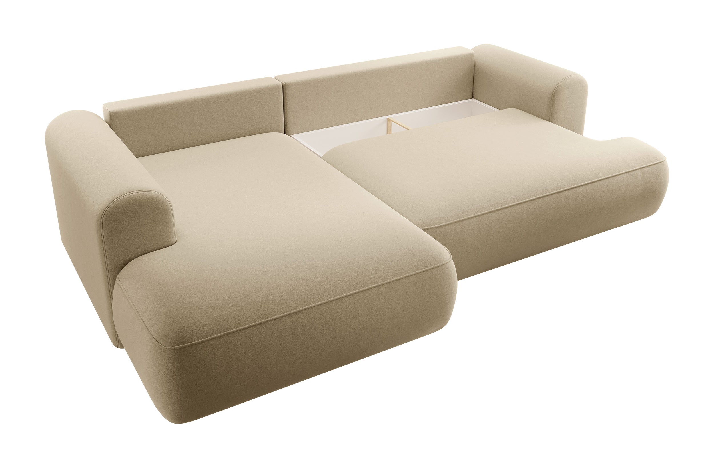 Ecksofa mit Schlaffunktion Ovo, L-förmig, mit Armlehne und Stauraum, beiger, pflegeleichter Samt, linksseitig