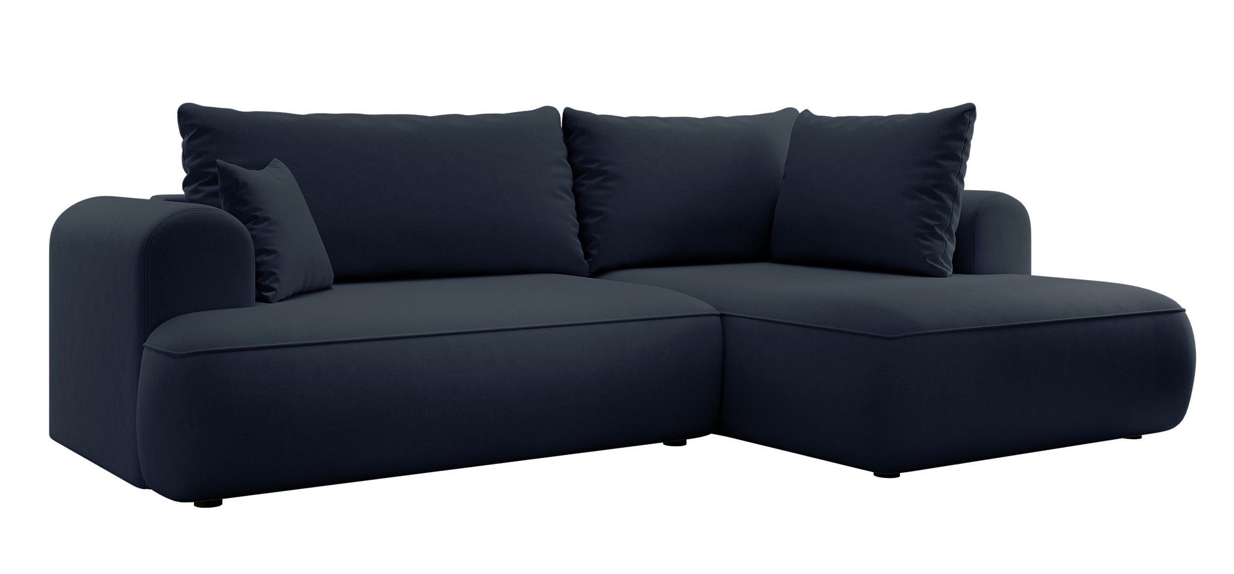 Ecksofa mit Schlaffunktion Ovo, L-förmig, mit Armlehne und Stauraum, marineblauer, leicht zu reinigender Samt, rechtsseitig