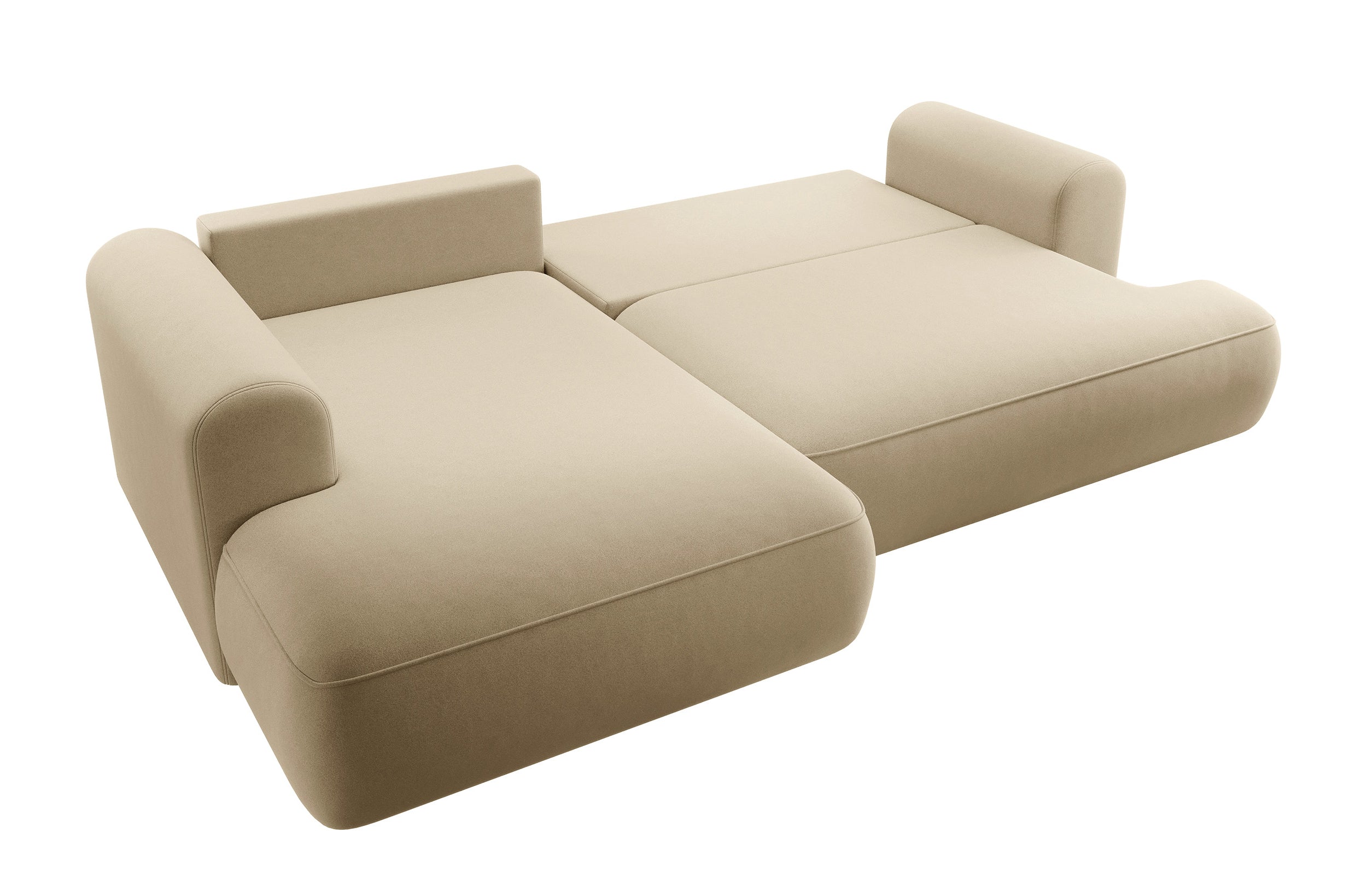 Ecksofa mit Schlaffunktion Ovo, L-förmig, mit Armlehne und Stauraum, beiger, pflegeleichter Samt, linksseitig