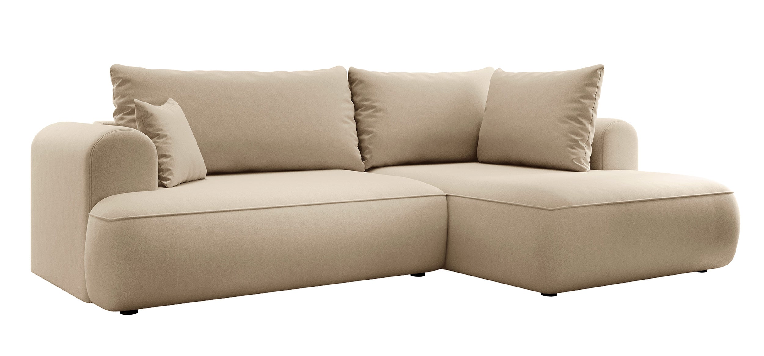 Ecksofa mit Schlaffunktion Ovo, L-förmig, mit Armlehne und Stauraum, beige Velours, pflegeleicht, rechtsseitig