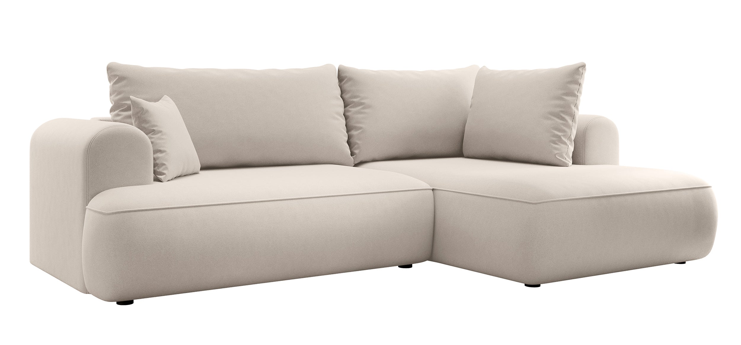 Ecksofa mit Schlaffunktion Ovo, L-förmig, mit Armlehne und Stauraum, hellbeiger, pflegeleichter Velours, rechtsseitig