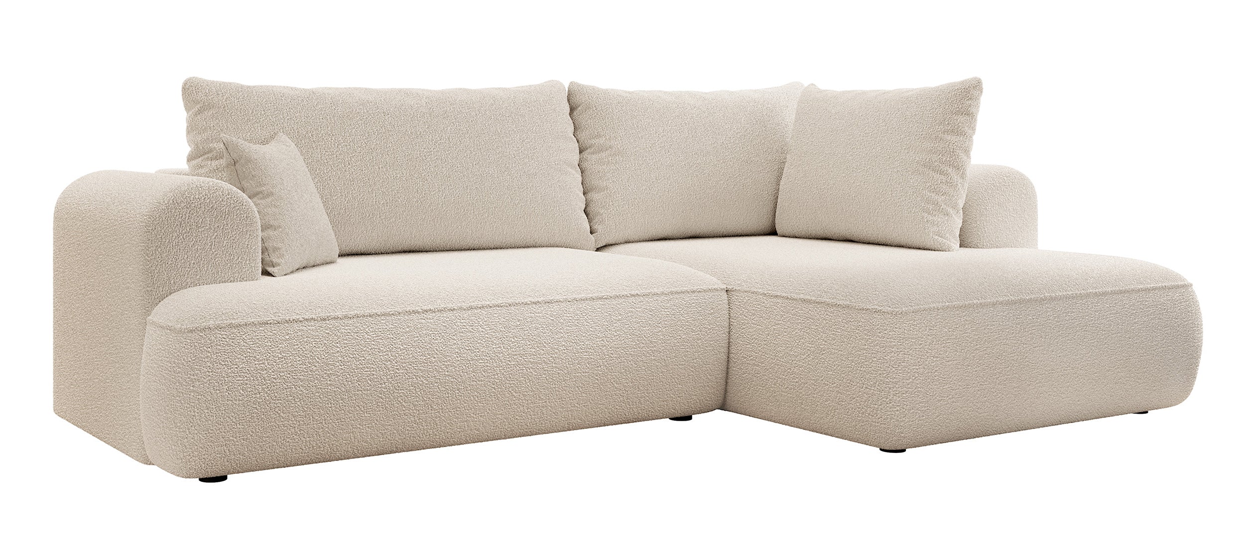 Ecksofa mit Schlaffunktion Ovo, L-förmig, mit Armlehne und Stauraum, beige Bouclé, rechtsseitig