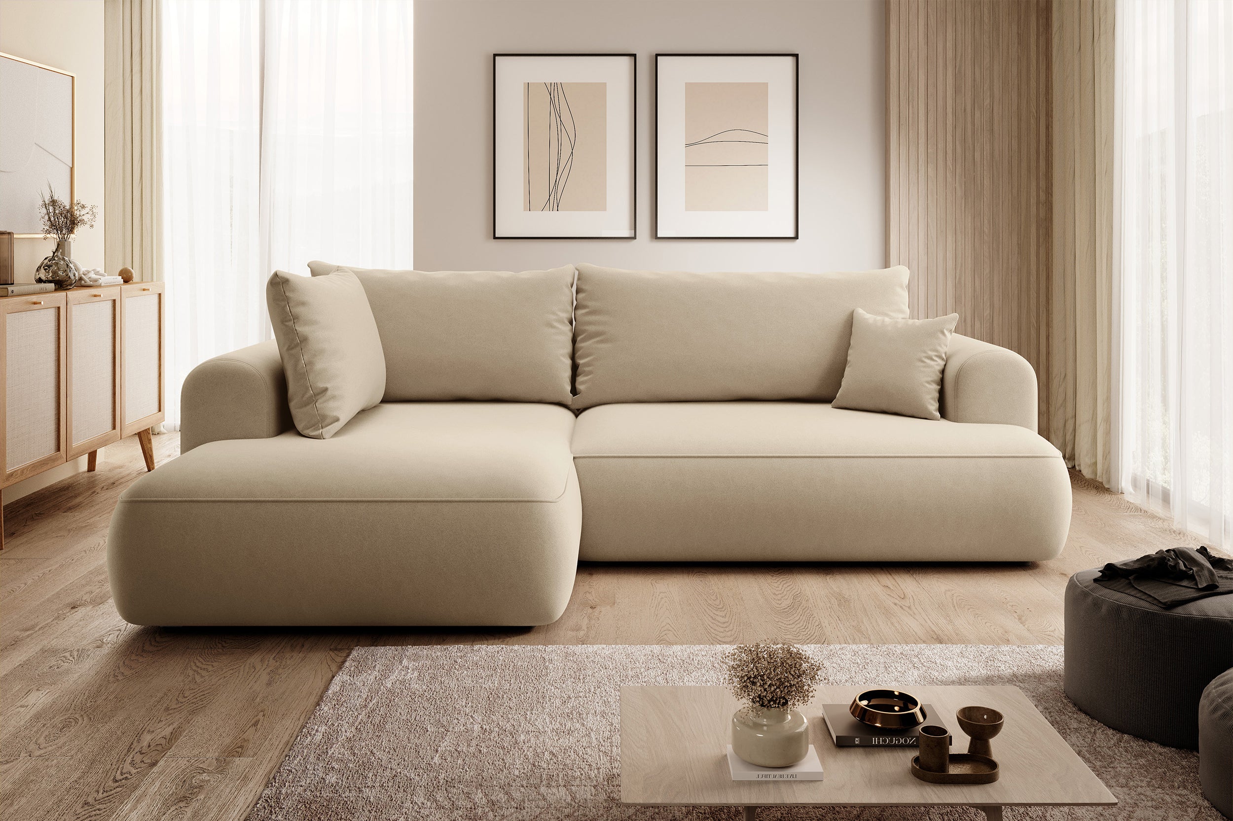 Ecksofa mit Schlaffunktion Ovo, L-förmig, mit Armlehne und Stauraum, beiger, pflegeleichter Samt, linksseitig