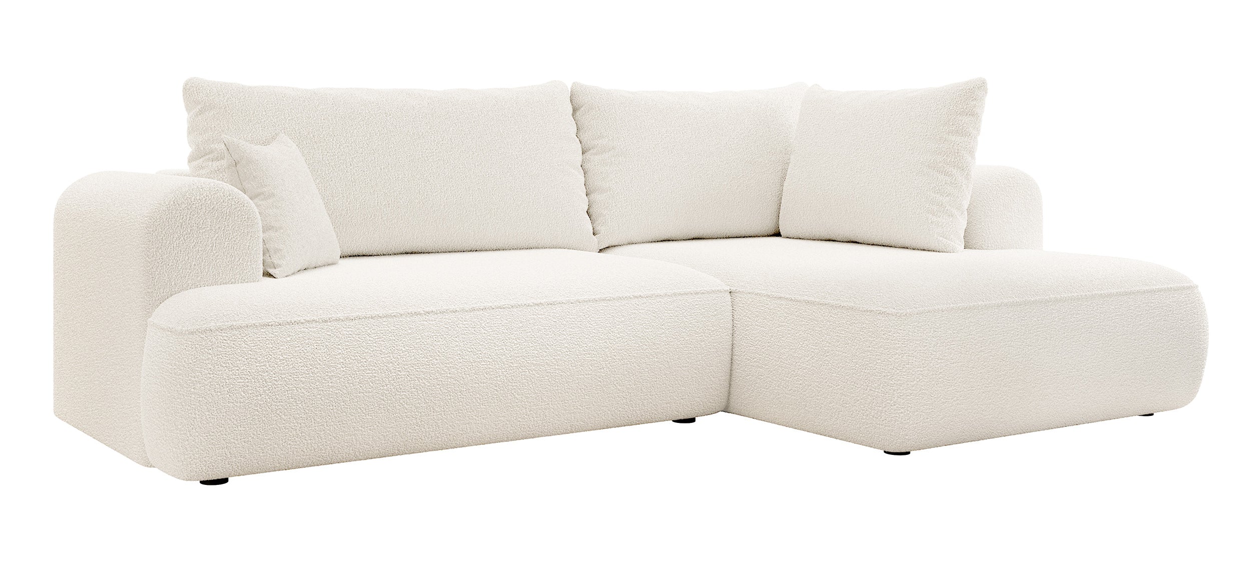 Ecksofa mit Schlaffunktion Ovo, L-förmig, mit Armlehne und Stauraum, cremefarbenes Bouclé, rechtsseitig