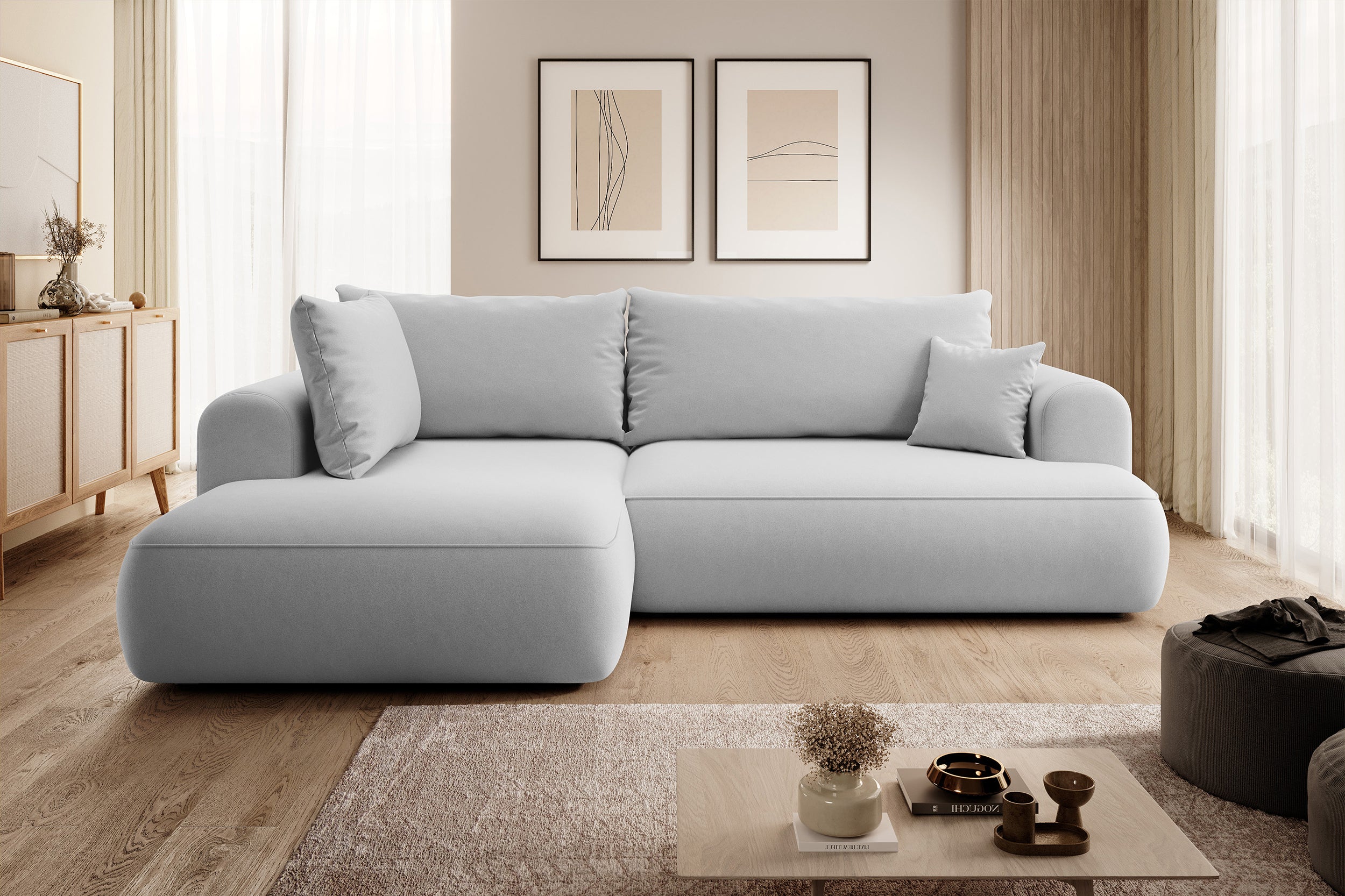 Ecksofa mit Schlaffunktion Ovo, L-förmig, mit Armlehne und Stauraum, grauer, leicht zu reinigender Samt, linksseitig