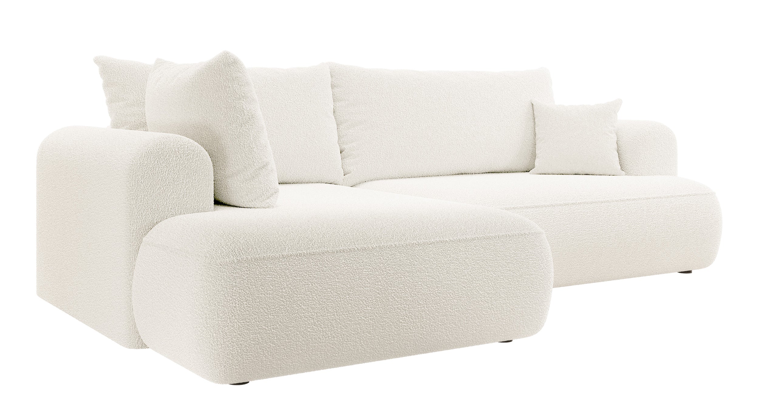 Ecksofa mit Schlaffunktion Ovo, L-förmig, mit Armlehne und Stauraum, cremefarbener Bouclé-Stoff, linksseitig