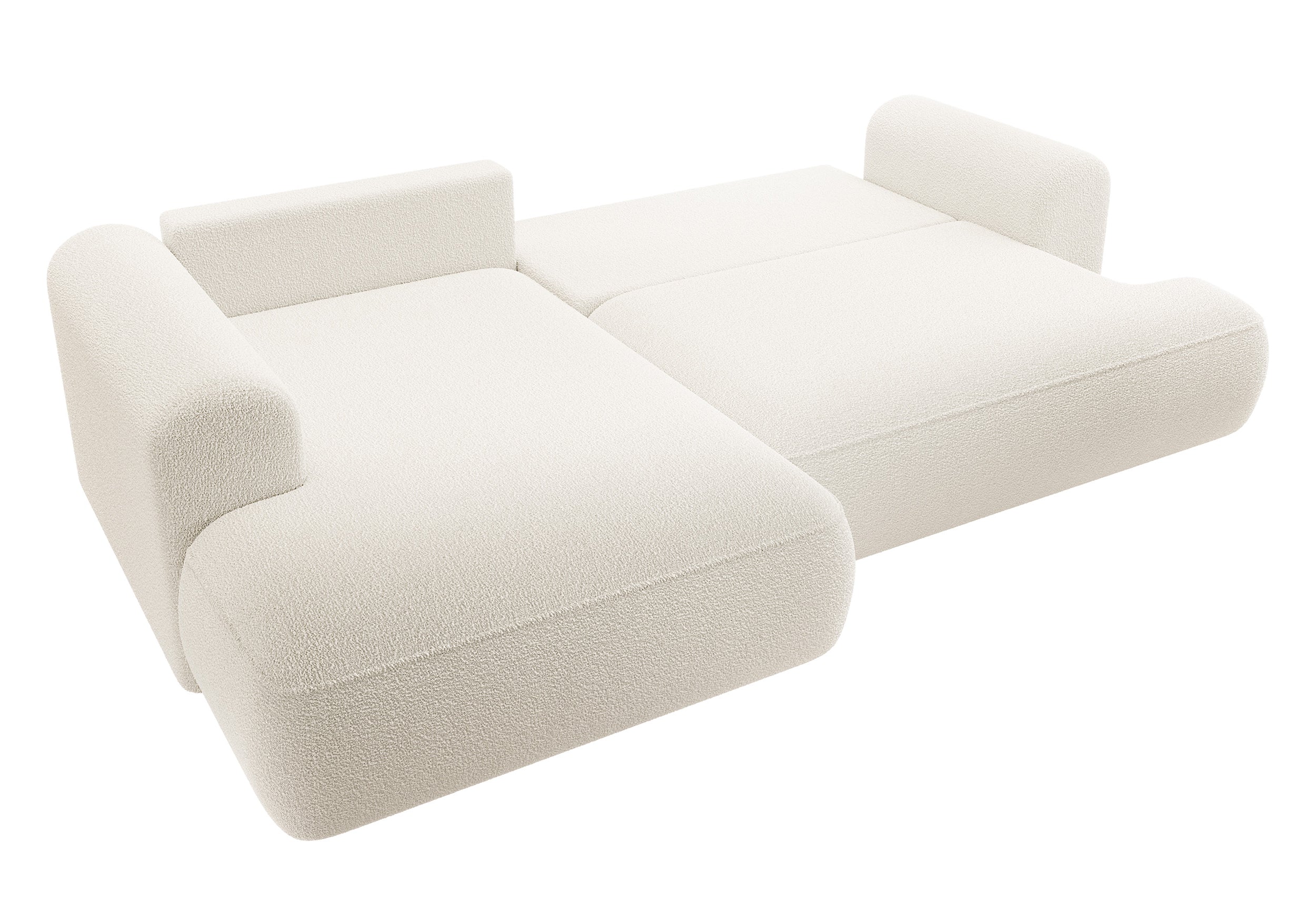 Ecksofa mit Schlaffunktion Ovo, L-förmig, mit Armlehne und Stauraum, cremefarbener Bouclé-Stoff, linksseitig