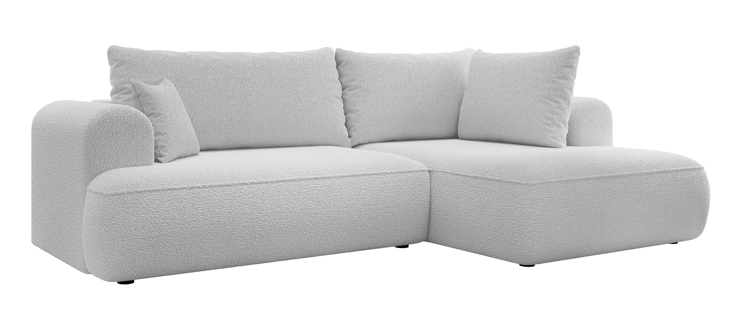 Ecksofa mit Schlaffunktion Ovo, L-förmig, mit Armlehne und Stauraum, grauer Bouclé, rechtsseitig