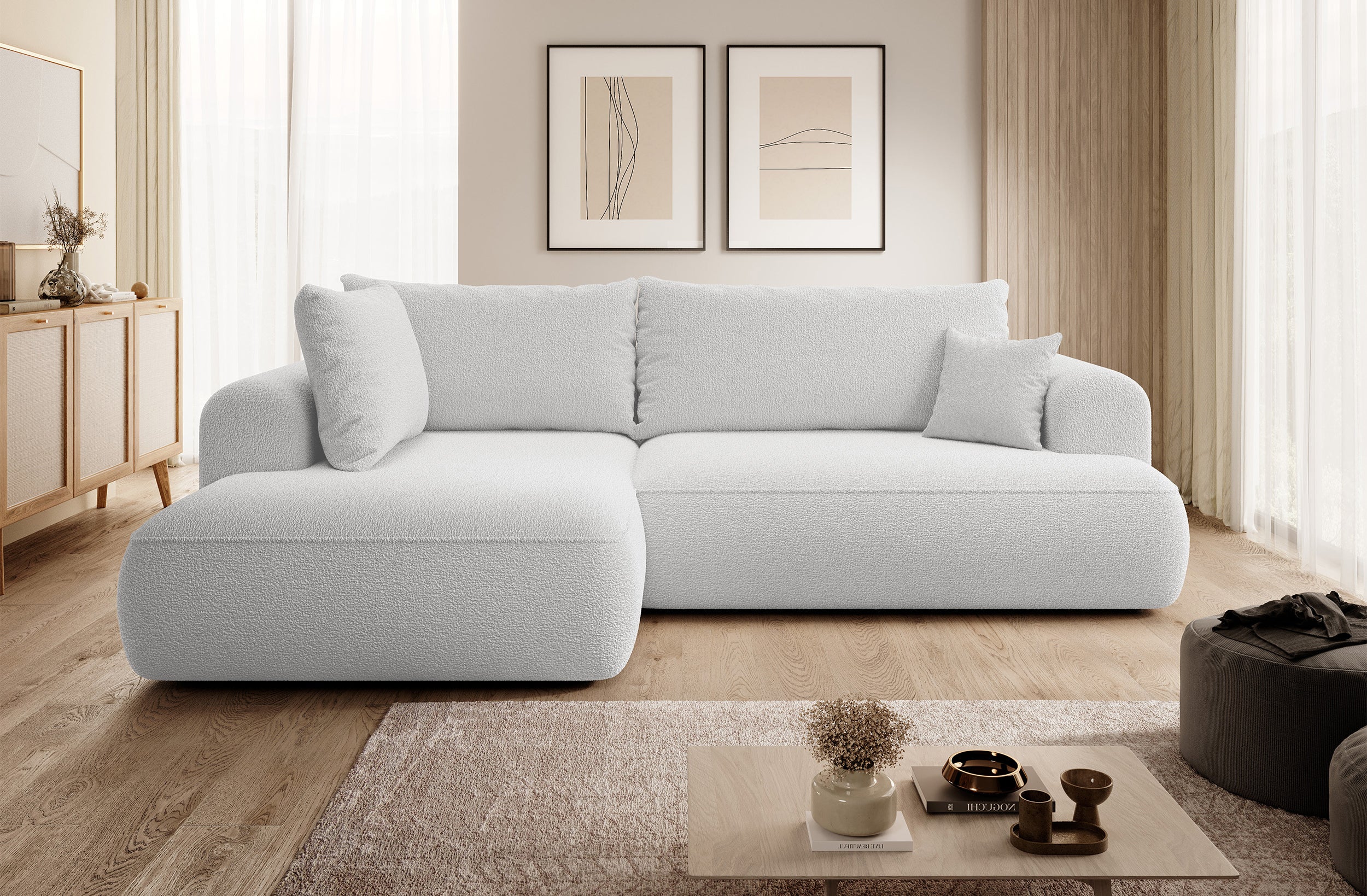 Ecksofa mit Schlaffunktion Ovo, L-förmig, mit Armlehne und Stauraum, grauer Bouclé, linksseitig
