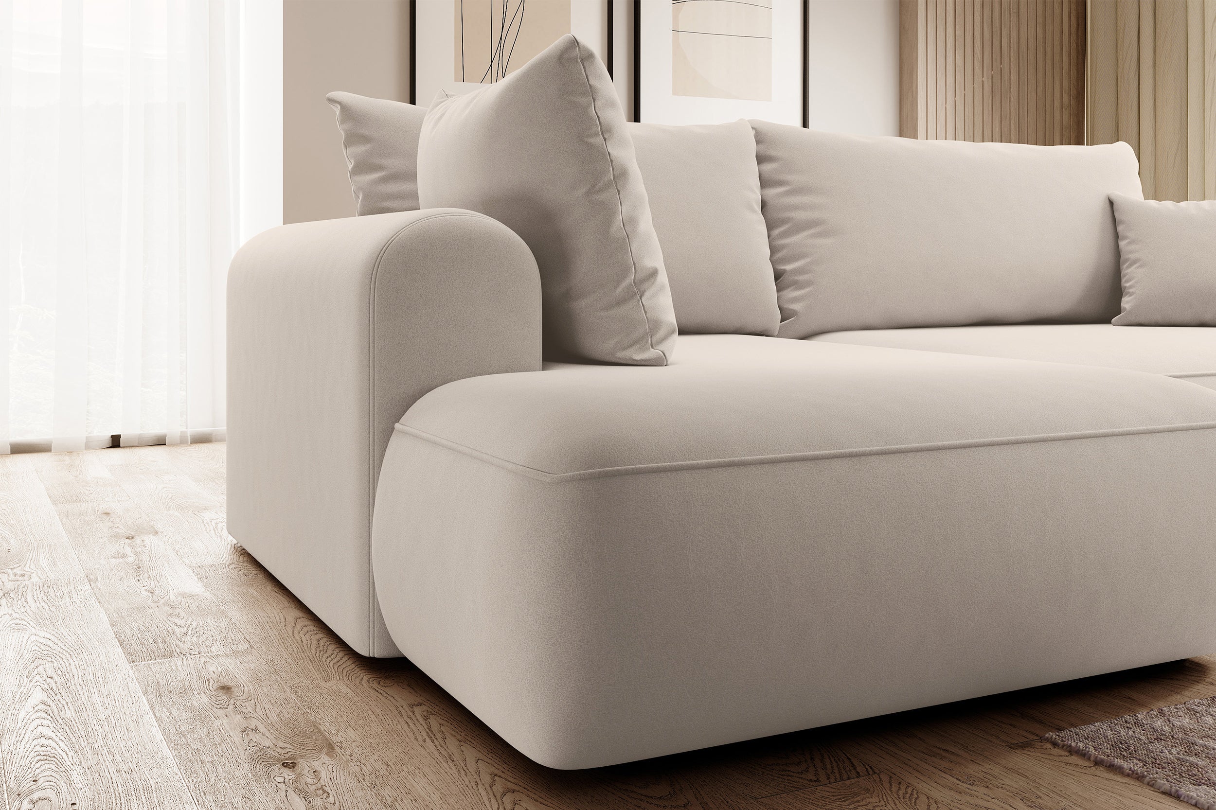 Ecksofa mit Schlaffunktion Ovo, L-förmig, mit Armlehne und Stauraum, hellbeiger, pflegeleichter Velours, linksseitig