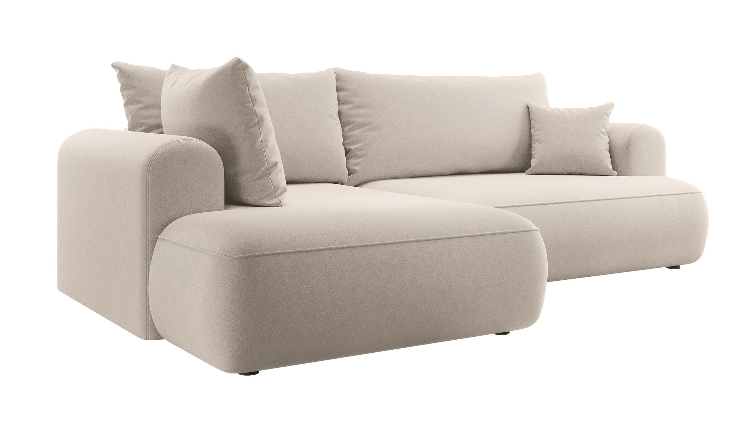 Ecksofa mit Schlaffunktion Ovo, L-förmig, mit Armlehne und Stauraum, hellbeiger, pflegeleichter Velours, linksseitig