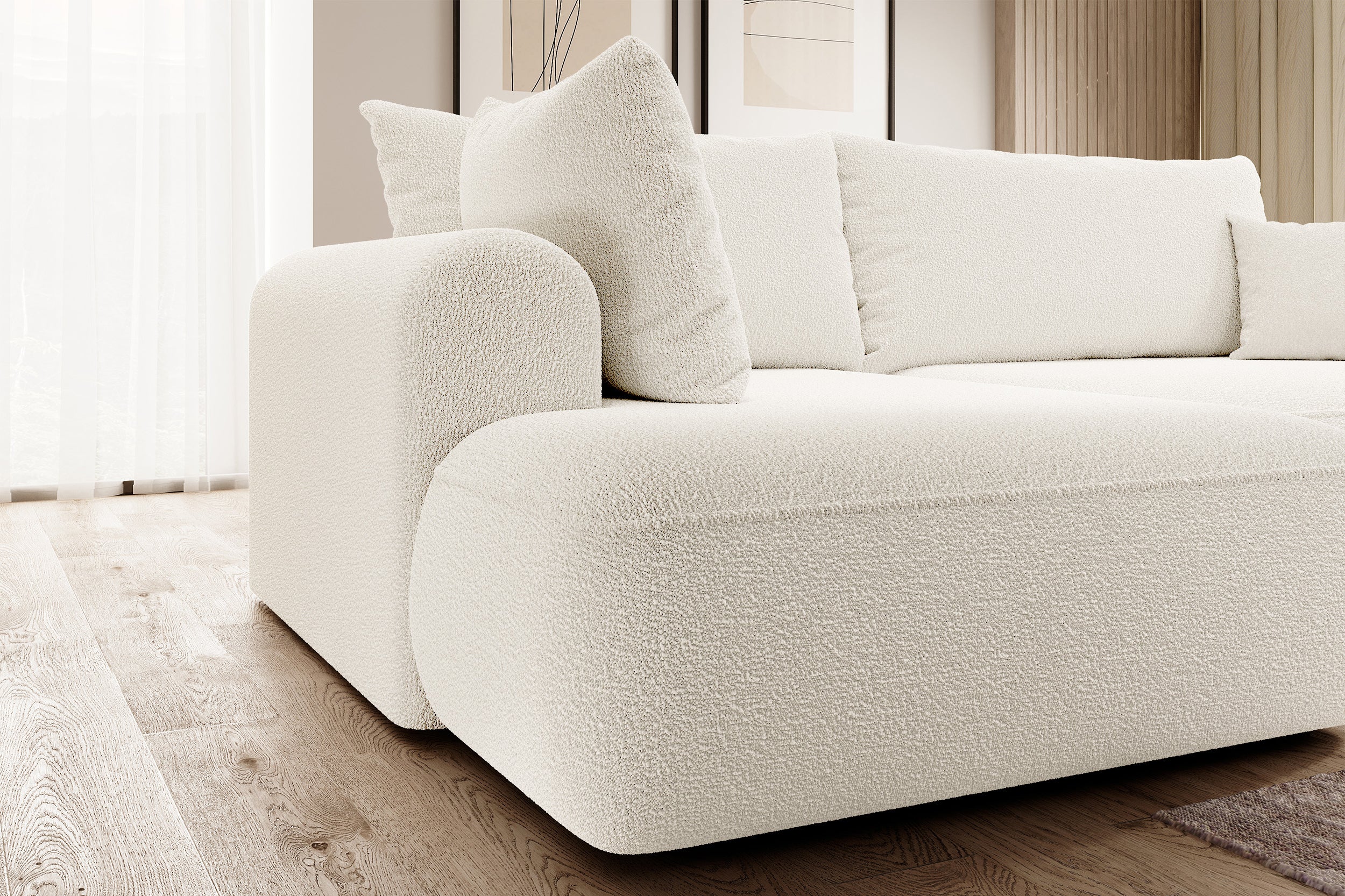 Ecksofa mit Schlaffunktion Ovo, L-förmig, mit Armlehne und Stauraum, cremefarbener Bouclé-Stoff, linksseitig