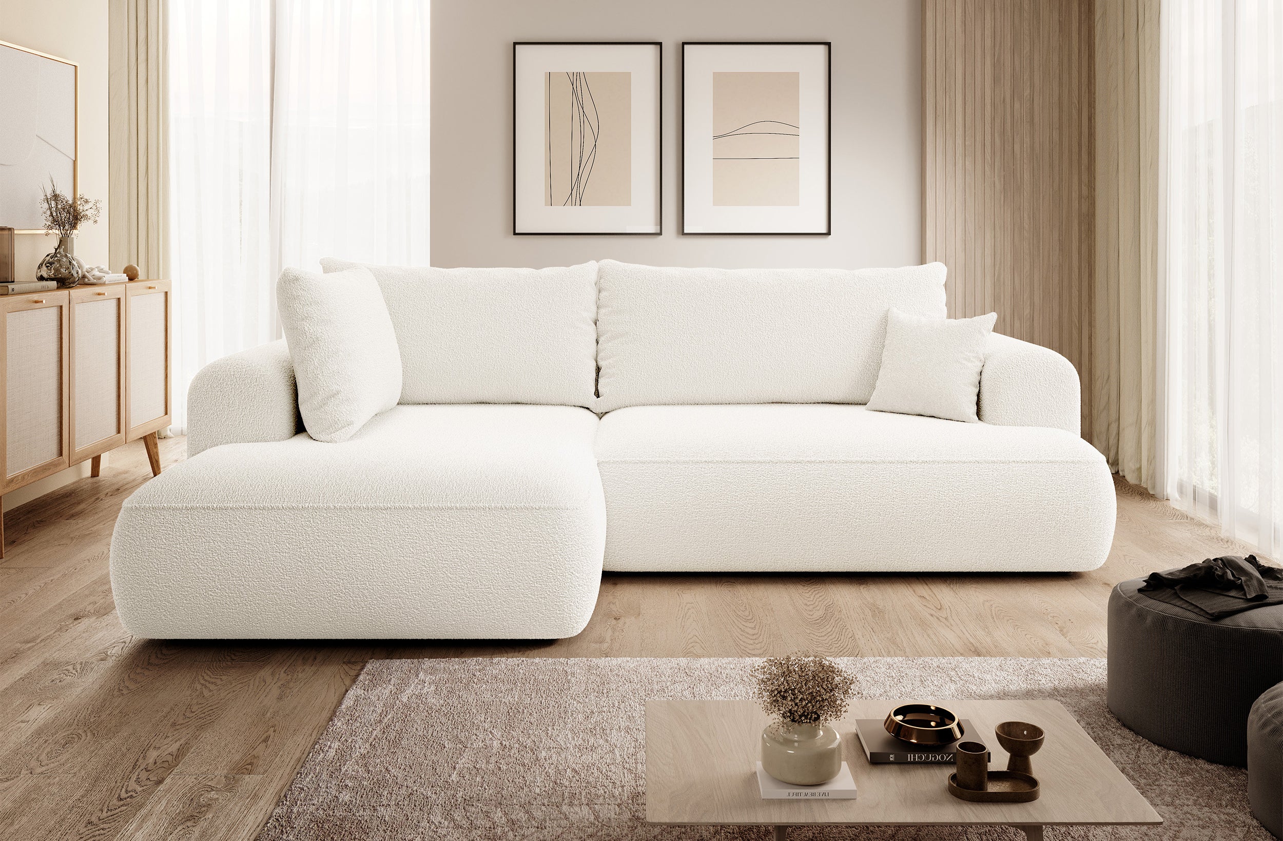 Ecksofa mit Schlaffunktion Ovo, L-förmig, mit Armlehne und Stauraum, cremefarbener Bouclé-Stoff, linksseitig