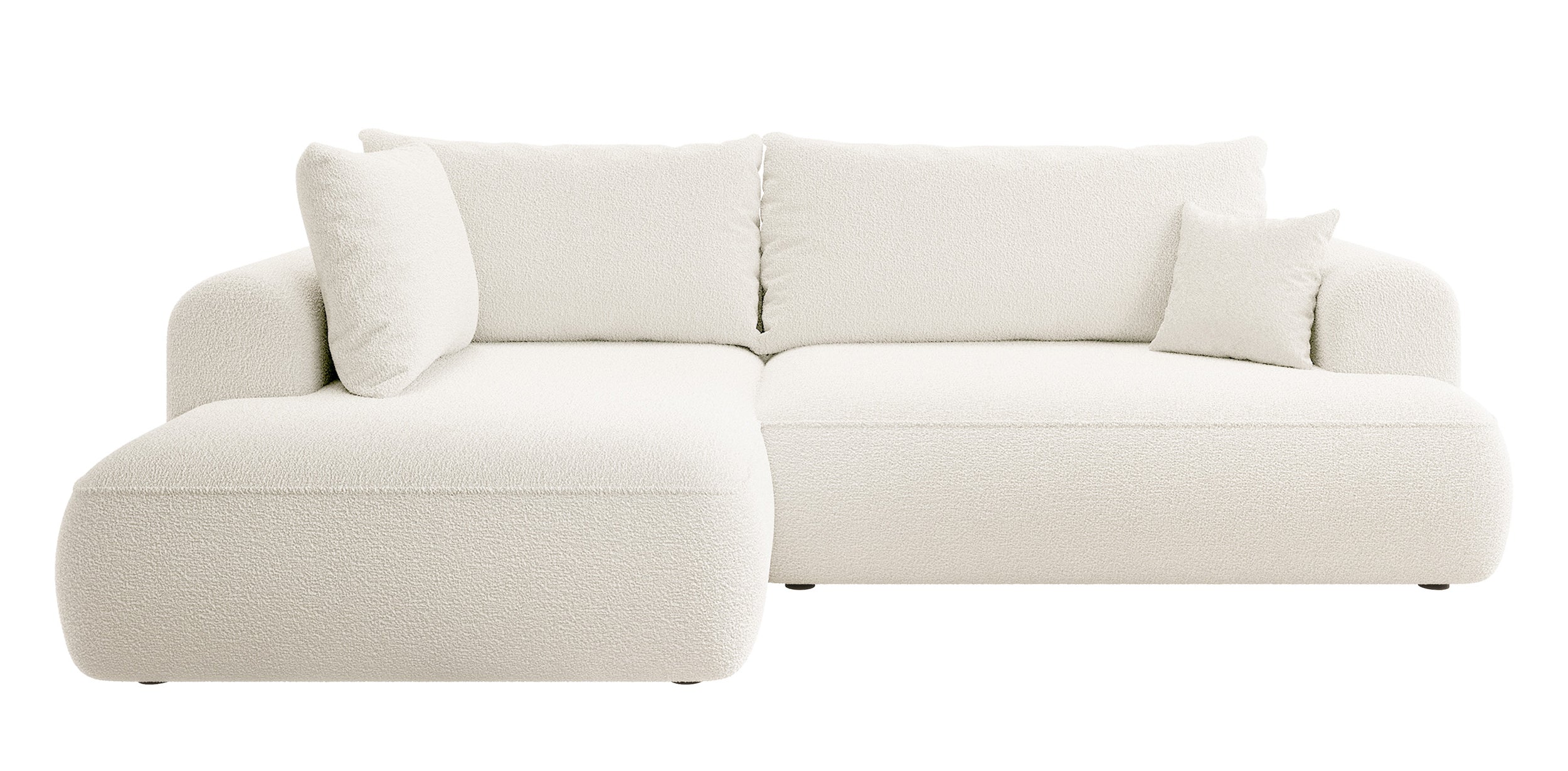 Ecksofa mit Schlaffunktion Ovo, L-förmig, mit Armlehne und Stauraum, cremefarbener Bouclé-Stoff, linksseitig